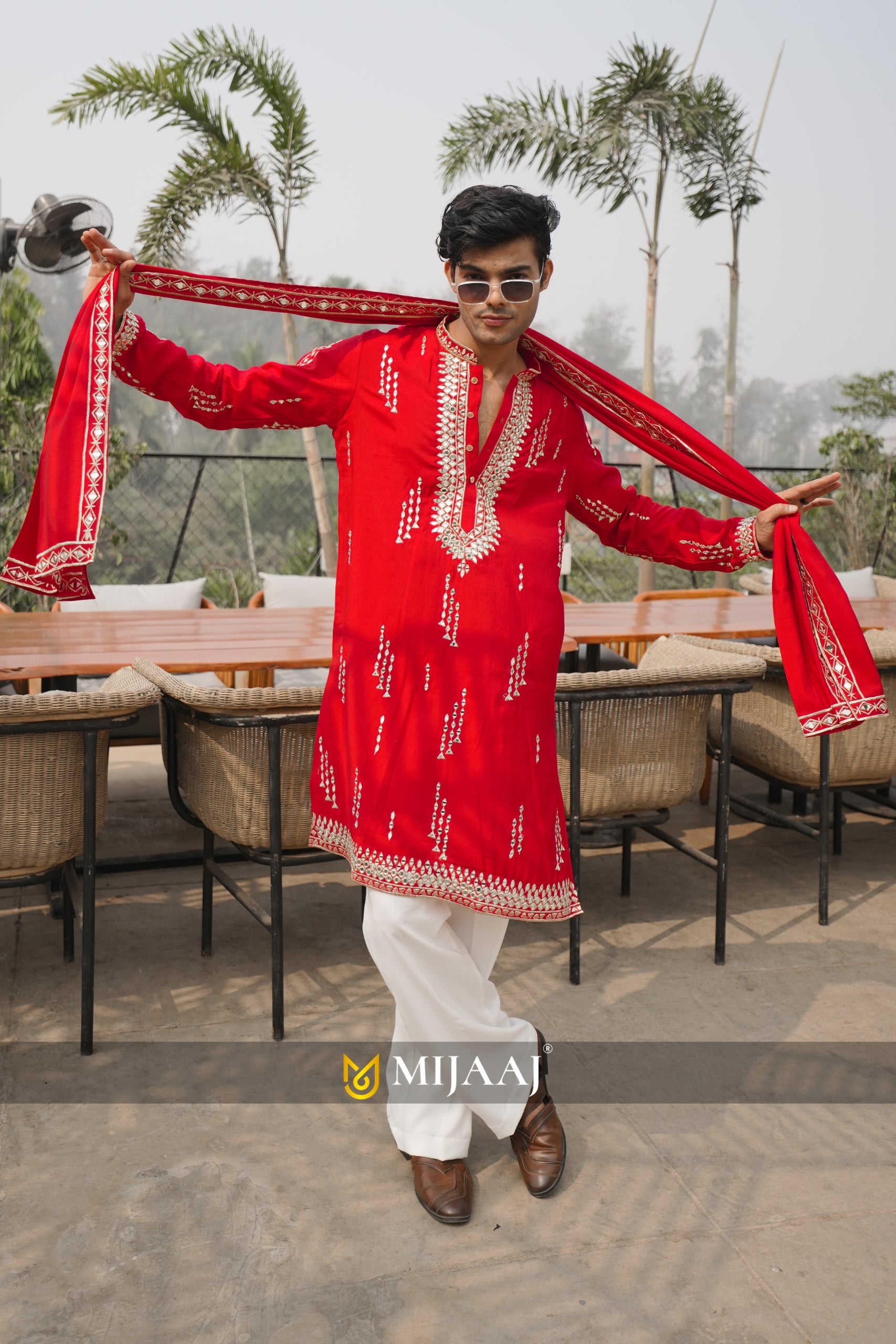 Red Mirror Work Festive Kurta Set with Korean Baggy Pants