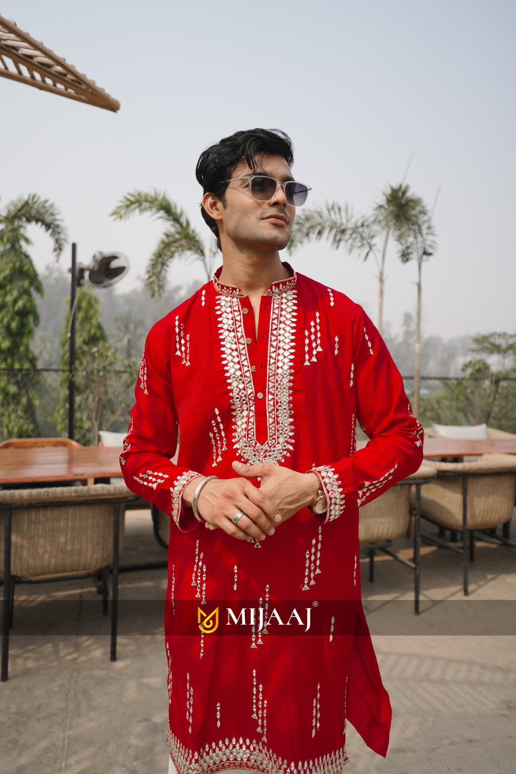 Red Mirror Work Festive Kurta Set with Korean Baggy Pants