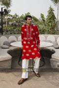 Red Mirror Work Kurta with Elephant Embroidery & Korean Baggy Pants