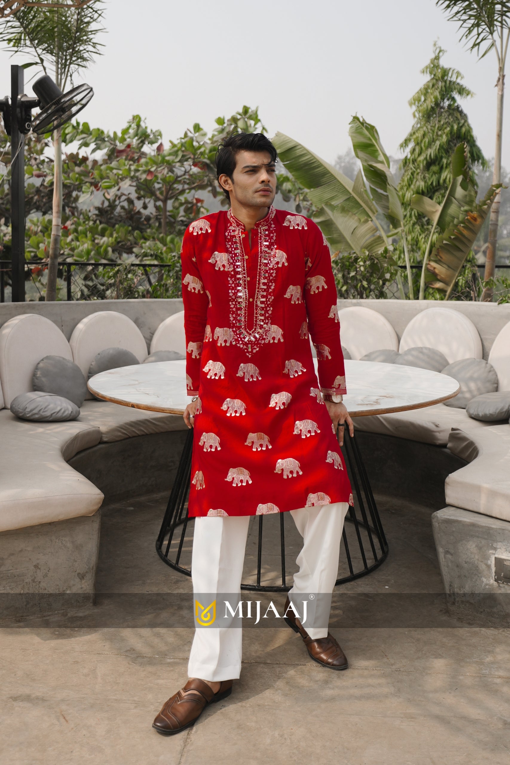 Red Mirror Work Kurta with Elephant Embroidery & Korean Baggy Pants