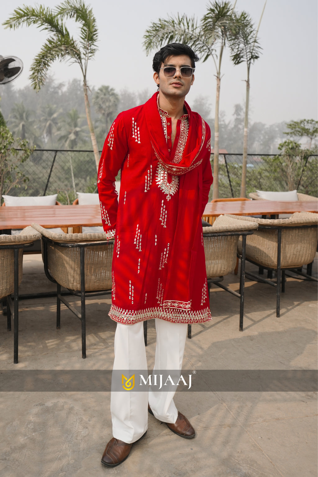 Red Mirror Work Festive Kurta Set with Korean Baggy Pants