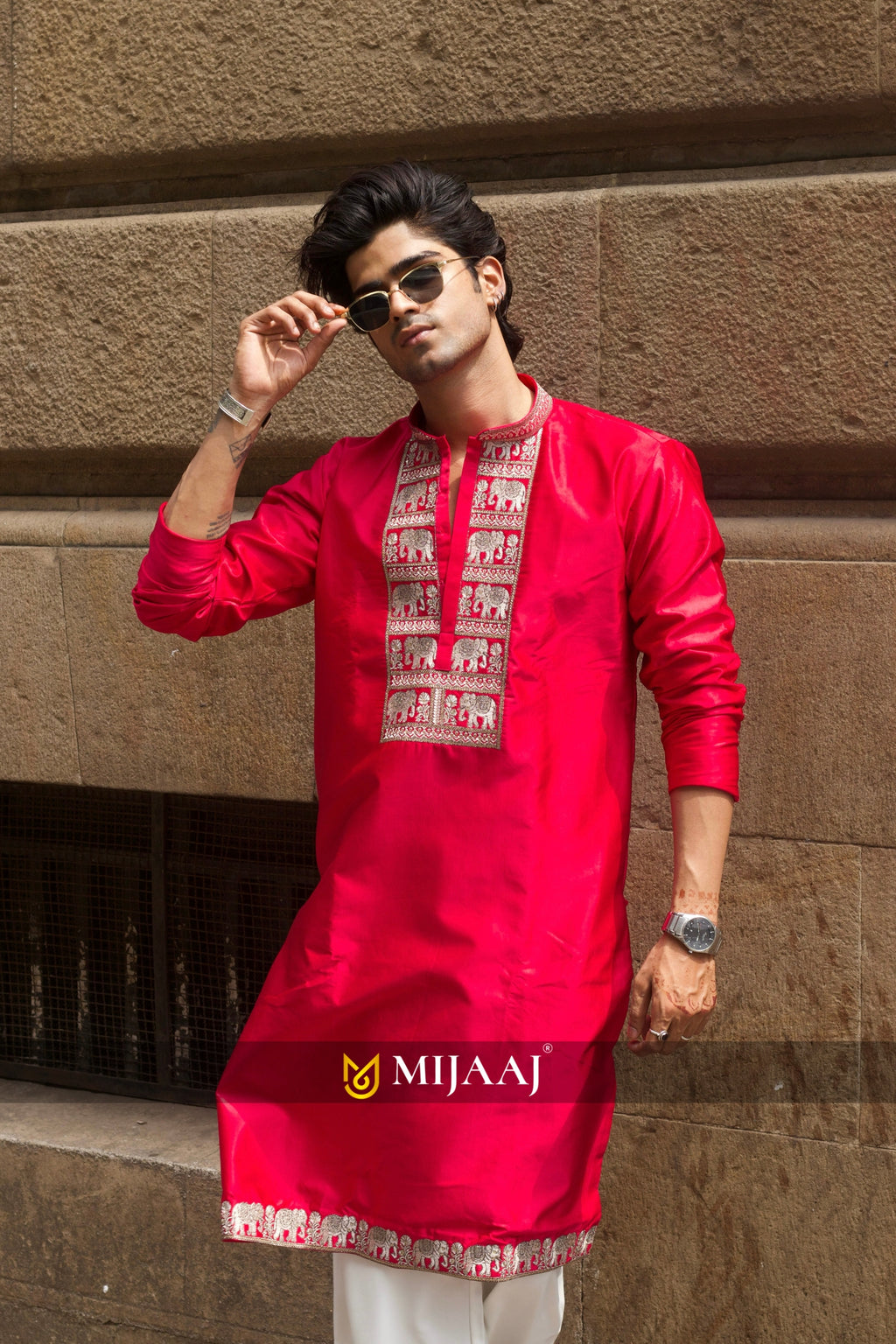 Men’s Pink Satin Silk Kurta Set with Zari & Sequin Embroidery