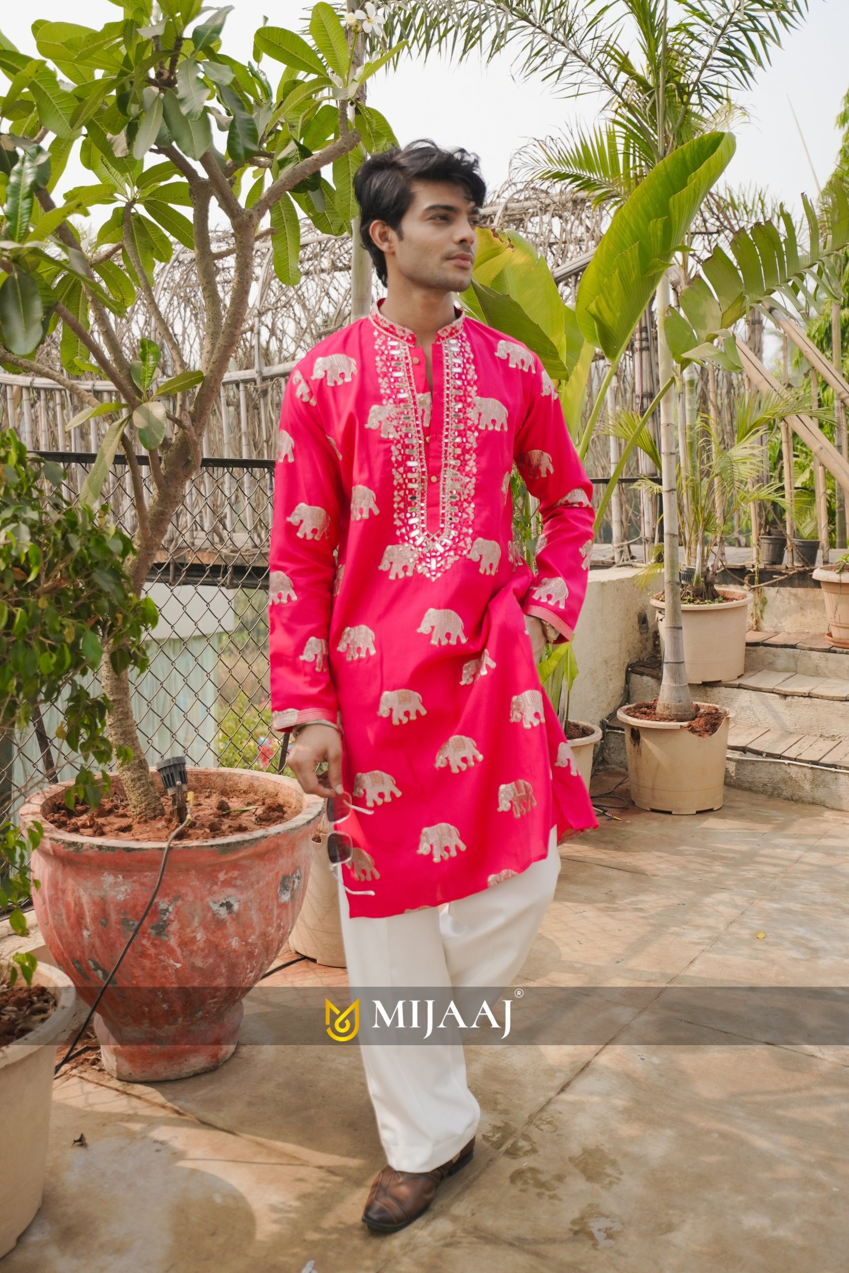 Hot Pink Mirror Work Kurta with Elephant Embroidery & Korean Baggy Pants
