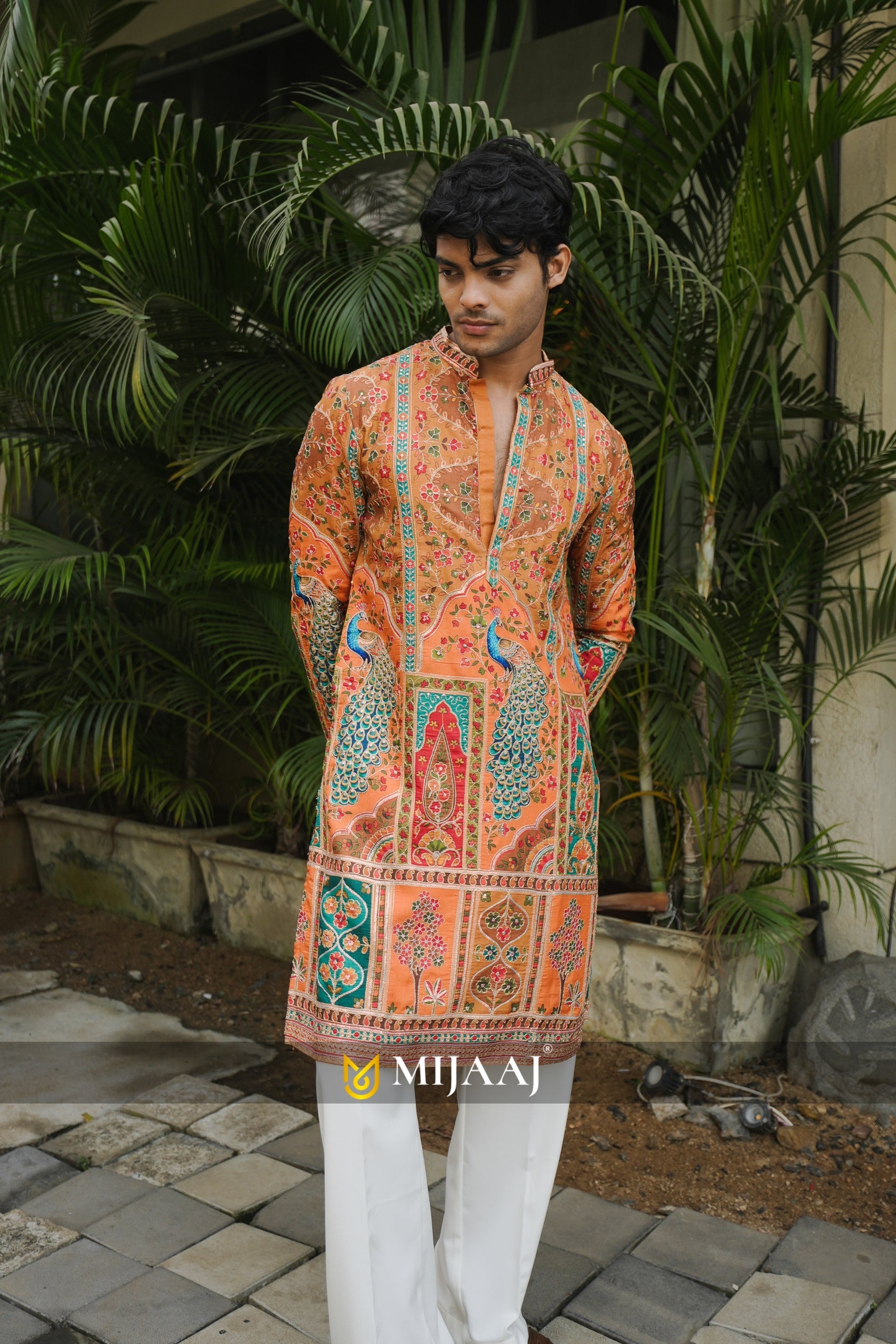 Light Orange Multicolor Peacock Motif Heritage Printed Kurta for Men