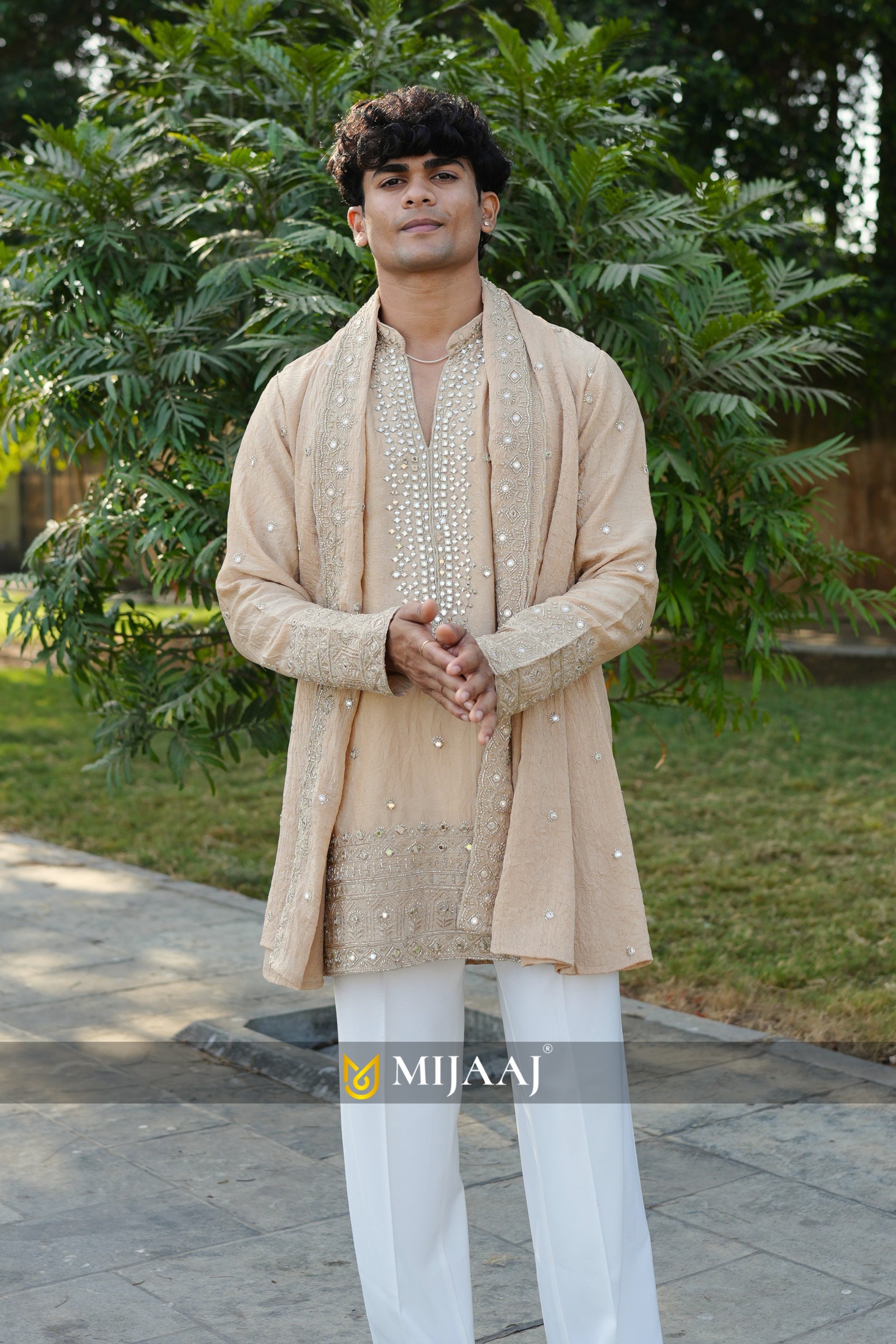 BEIGE COLOR V NECK MIRROR WORK SHORT KURTA WITH PREMIUM KOREAN PANT
