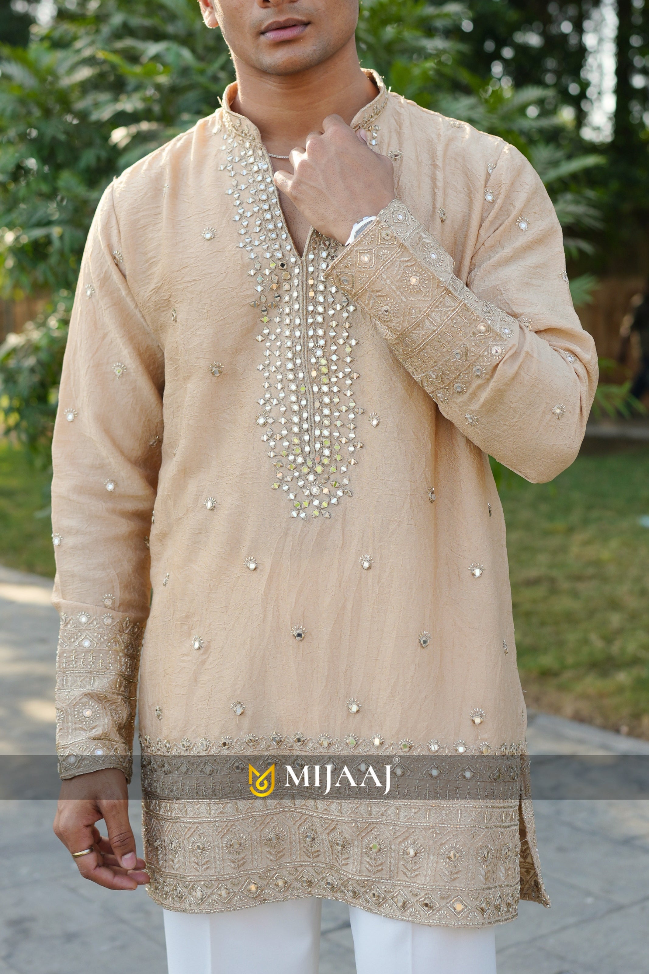 BEIGE COLOR V NECK MIRROR WORK SHORT KURTA WITH PREMIUM KOREAN PANT