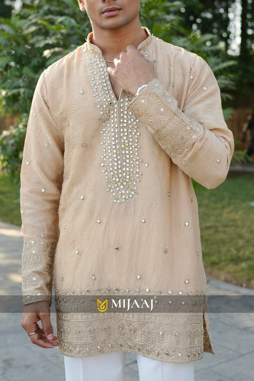 BEIGE COLOR V NECK MIRROR WORK SHORT KURTA WITH PREMIUM KOREAN PANT