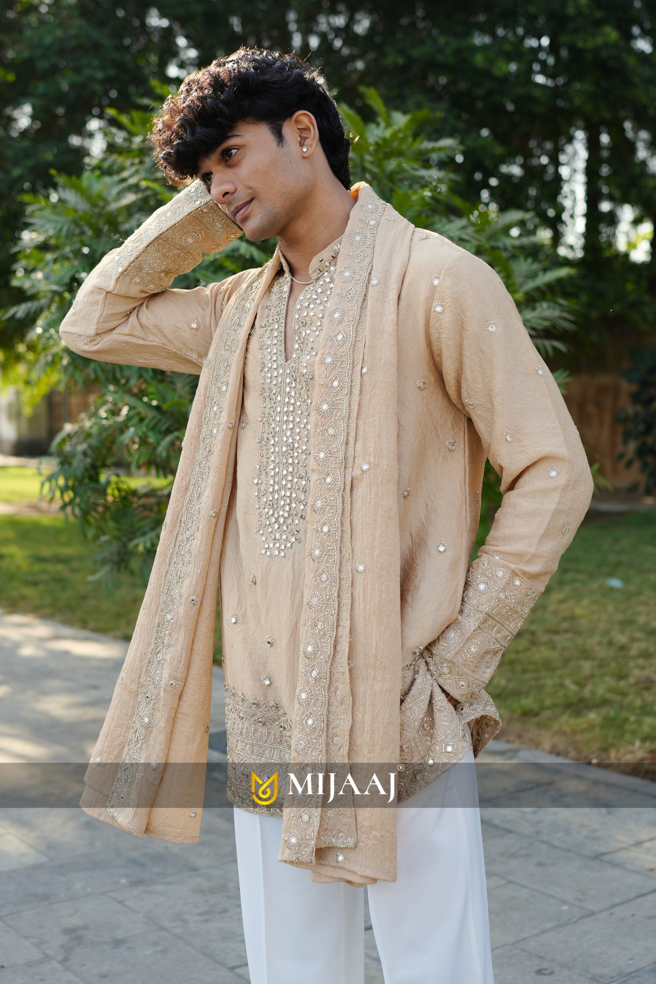 BEIGE COLOR V NECK MIRROR WORK SHORT KURTA WITH PREMIUM KOREAN PANT