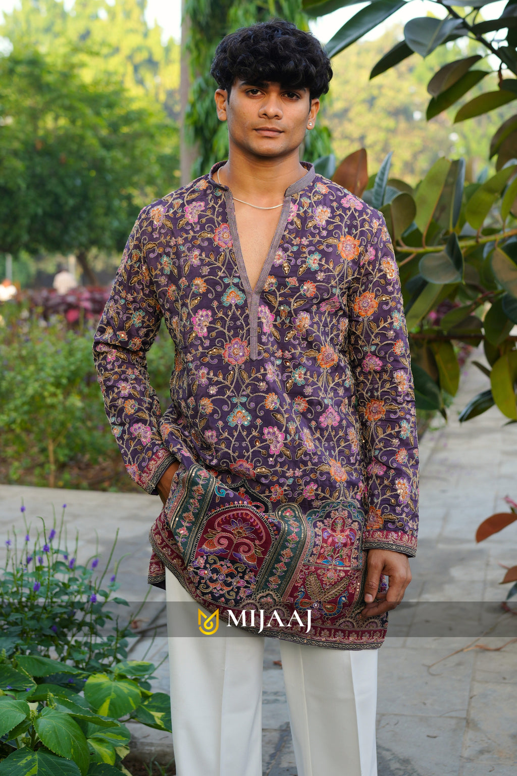 Floral position print short V-neck kurta for men paired with premium Korean pants