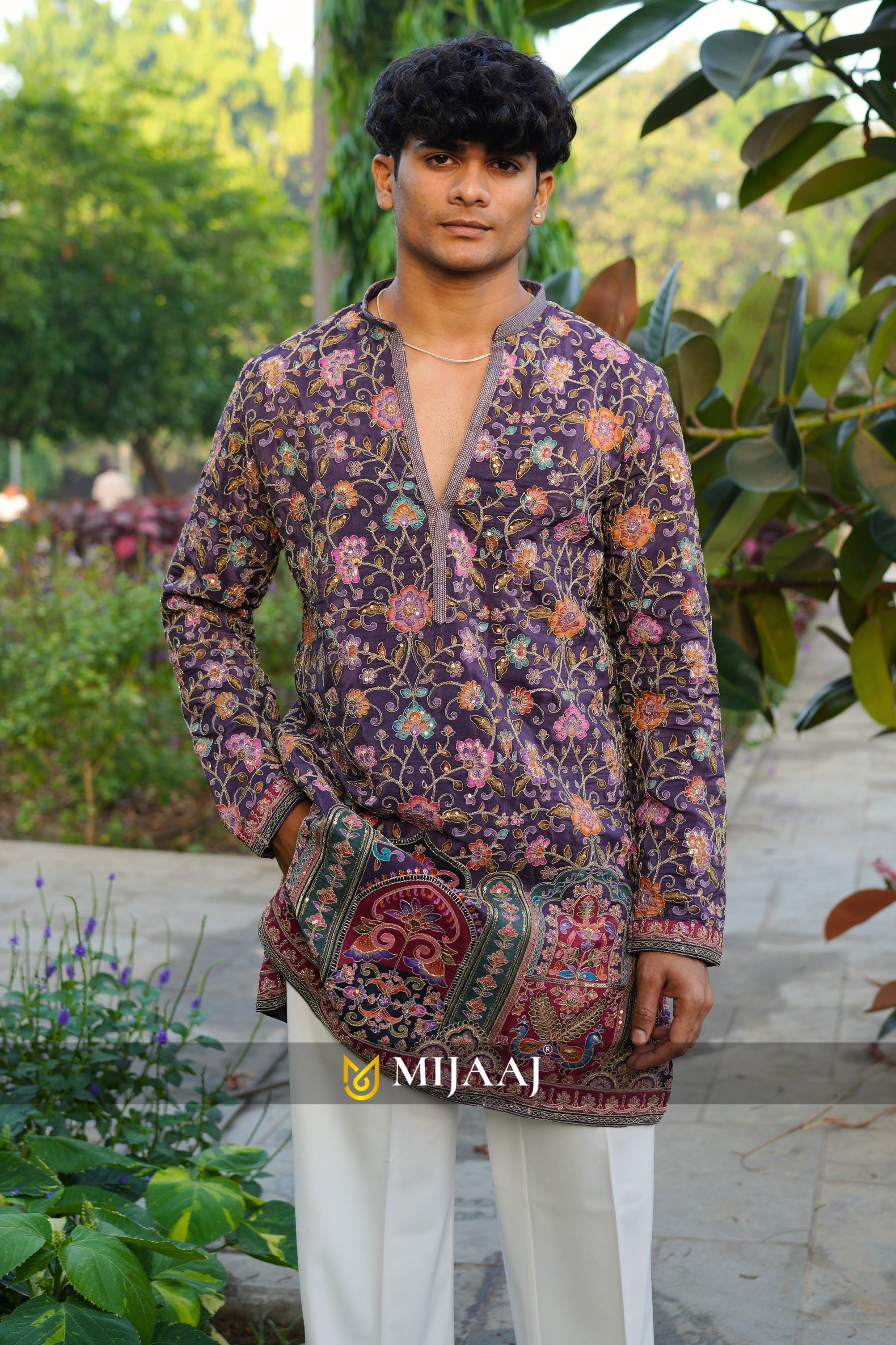 Floral position print short V-neck kurta for men paired with premium Korean pants