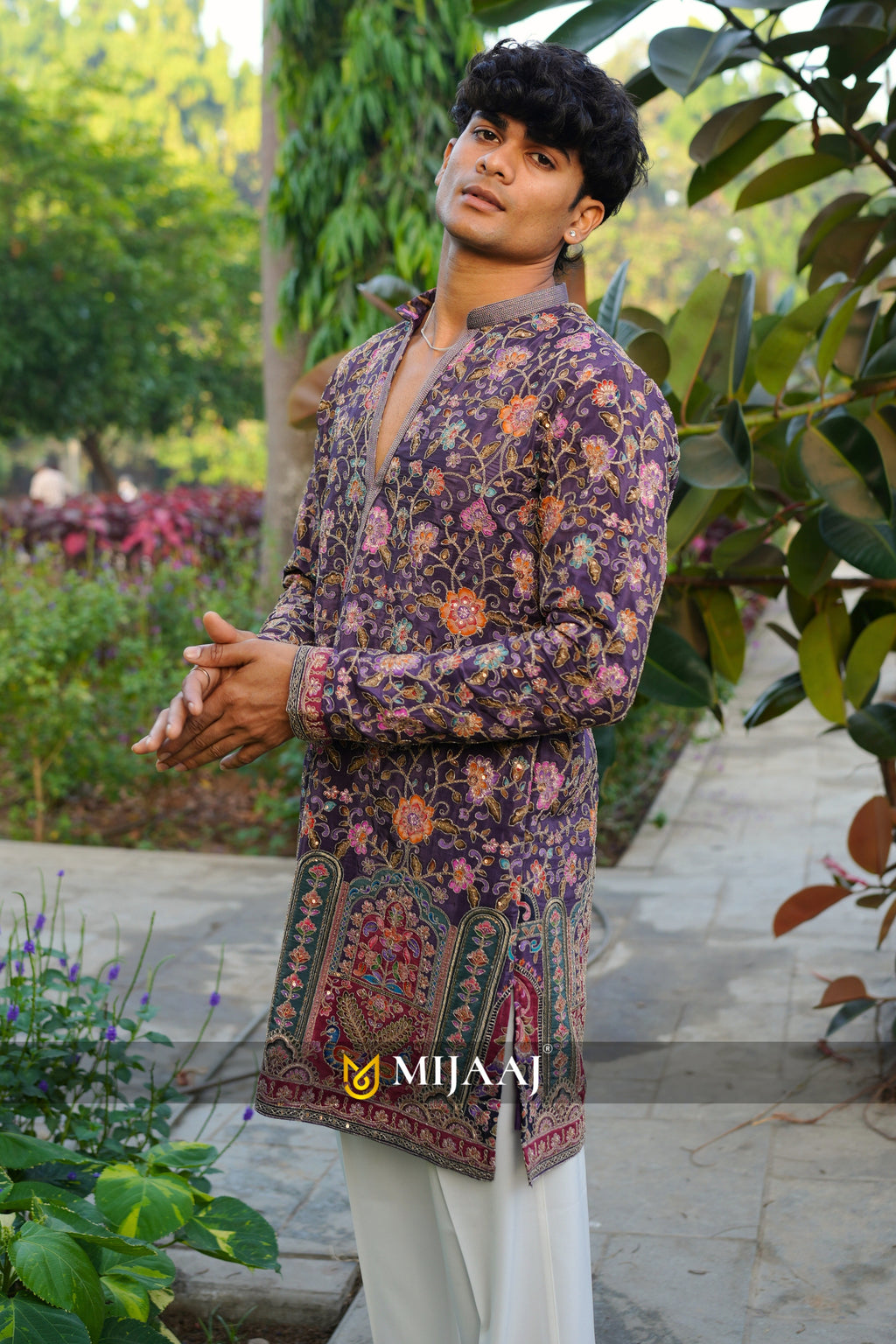 Floral position print short V-neck kurta for men paired with premium Korean pants