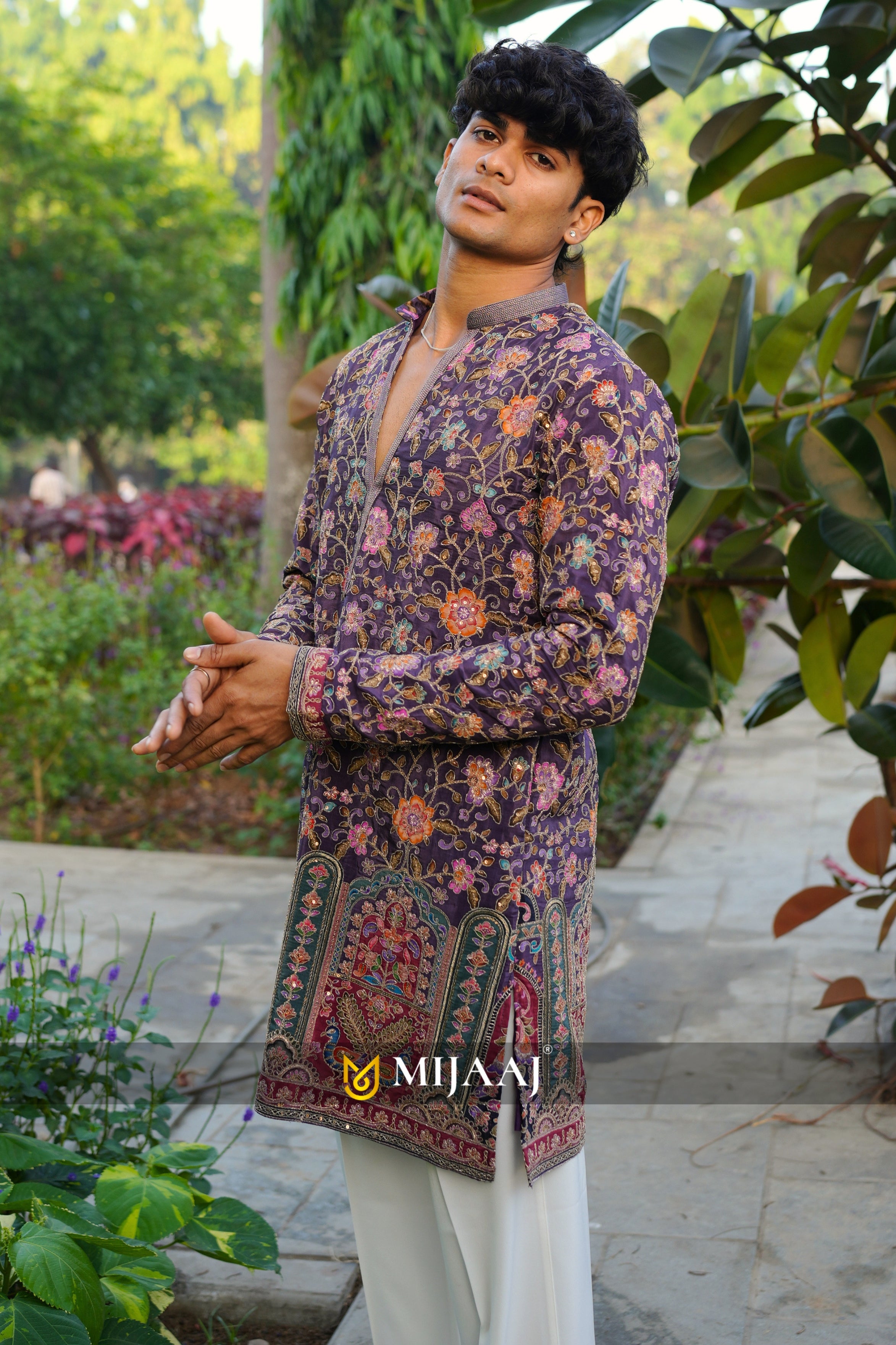 Floral position print short V-neck kurta for men paired with premium Korean pants