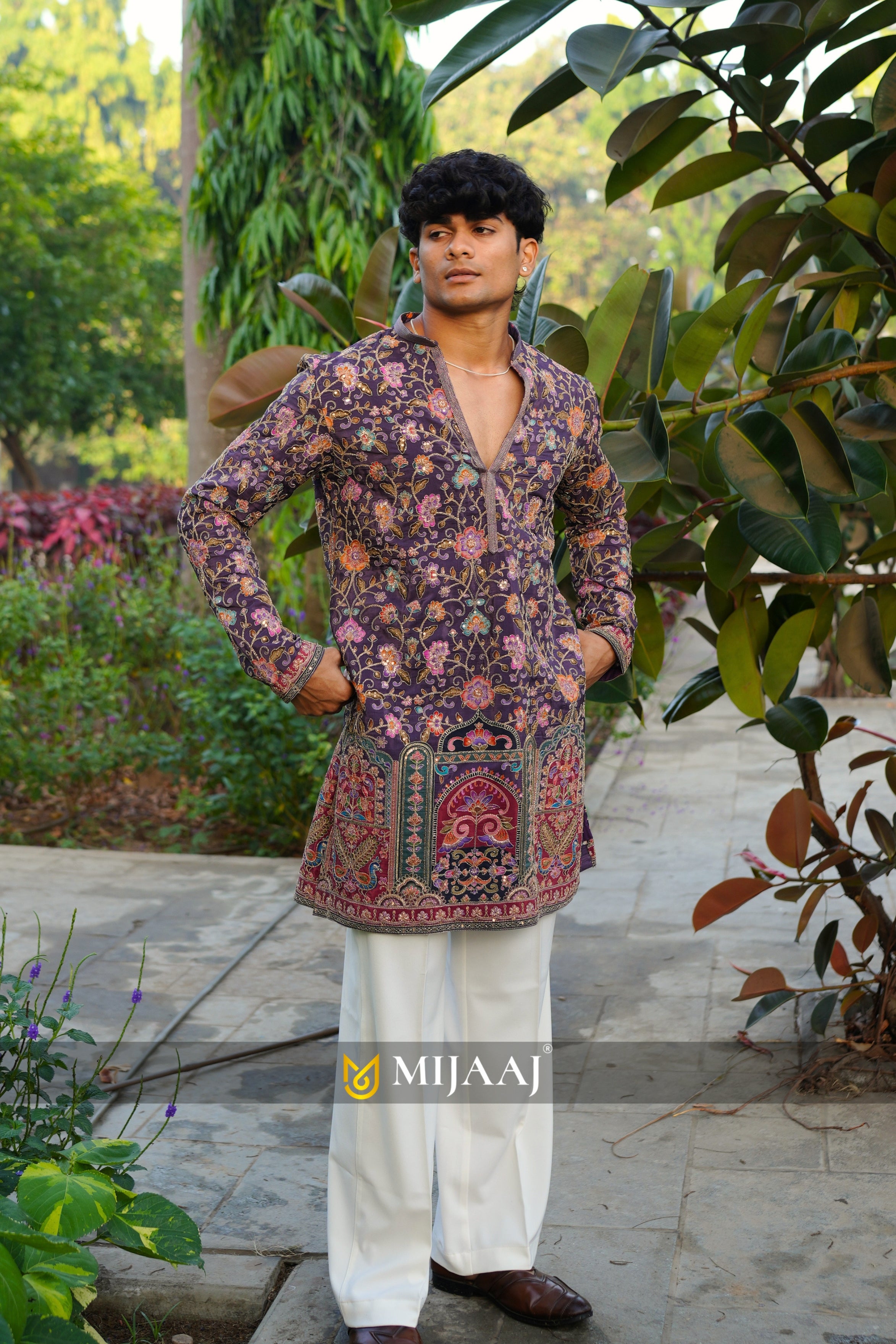 Floral position print short V-neck kurta for men paired with premium Korean pants