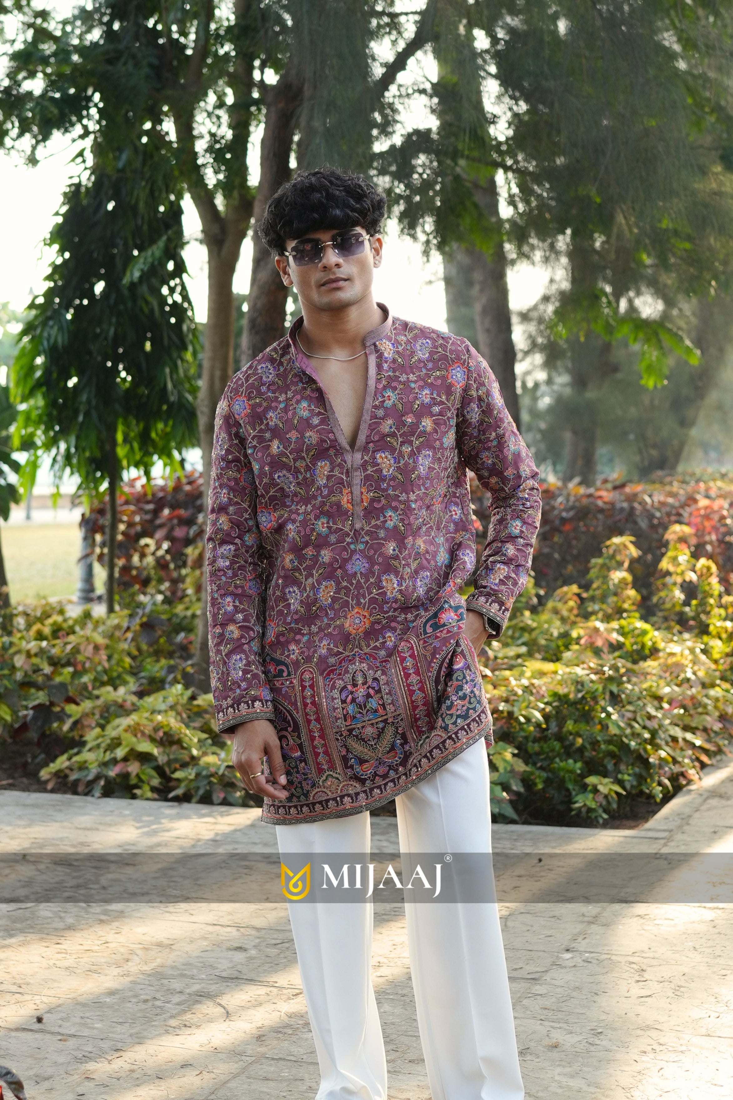 Floral Position Print Short V-neck Kurta for Men Paired with Premium Korean Pants