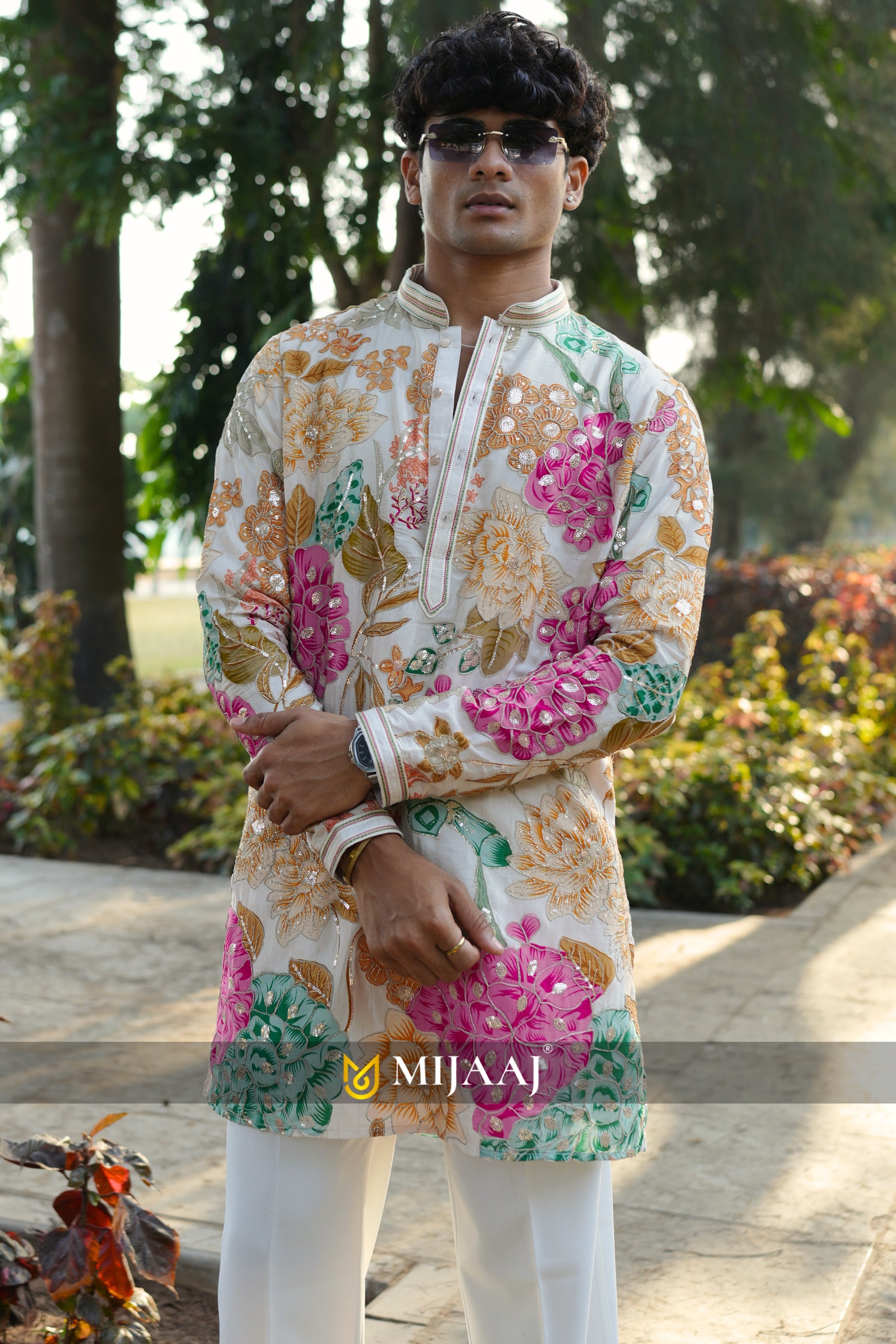 Multicolor Floral Carnival Short Kurta Set for men with Premium Korean Pants