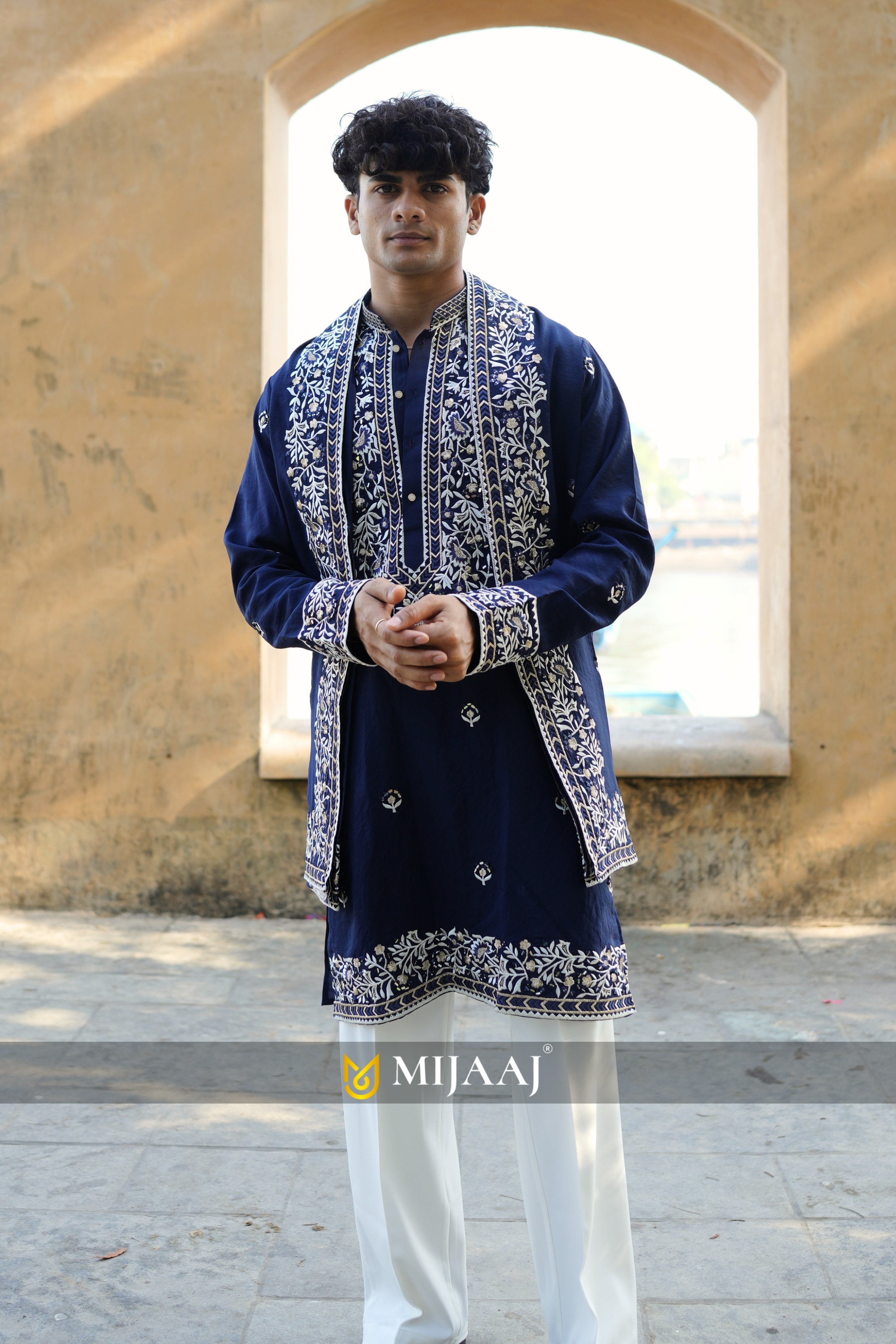 Navy blue mirror work short kurta for men with dupatta and Premium Korean Pant