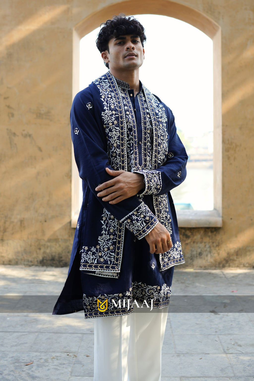 Navy blue mirror work short kurta for men with dupatta and Premium Korean Pant