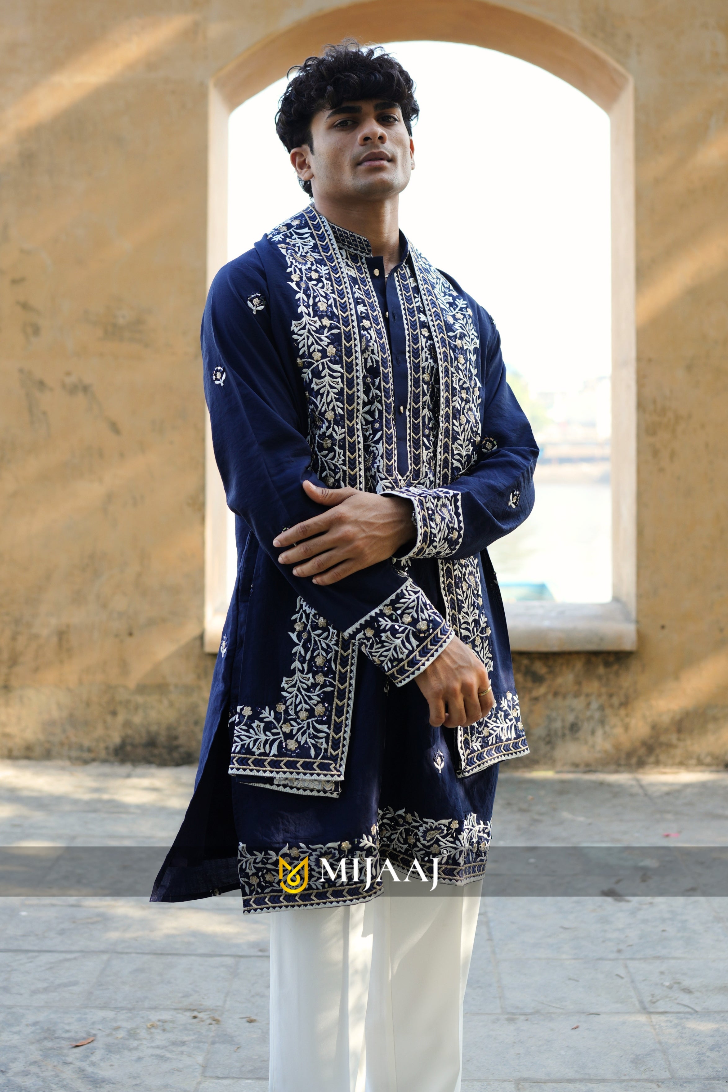Navy blue mirror work short kurta for men with dupatta and Premium Korean Pant