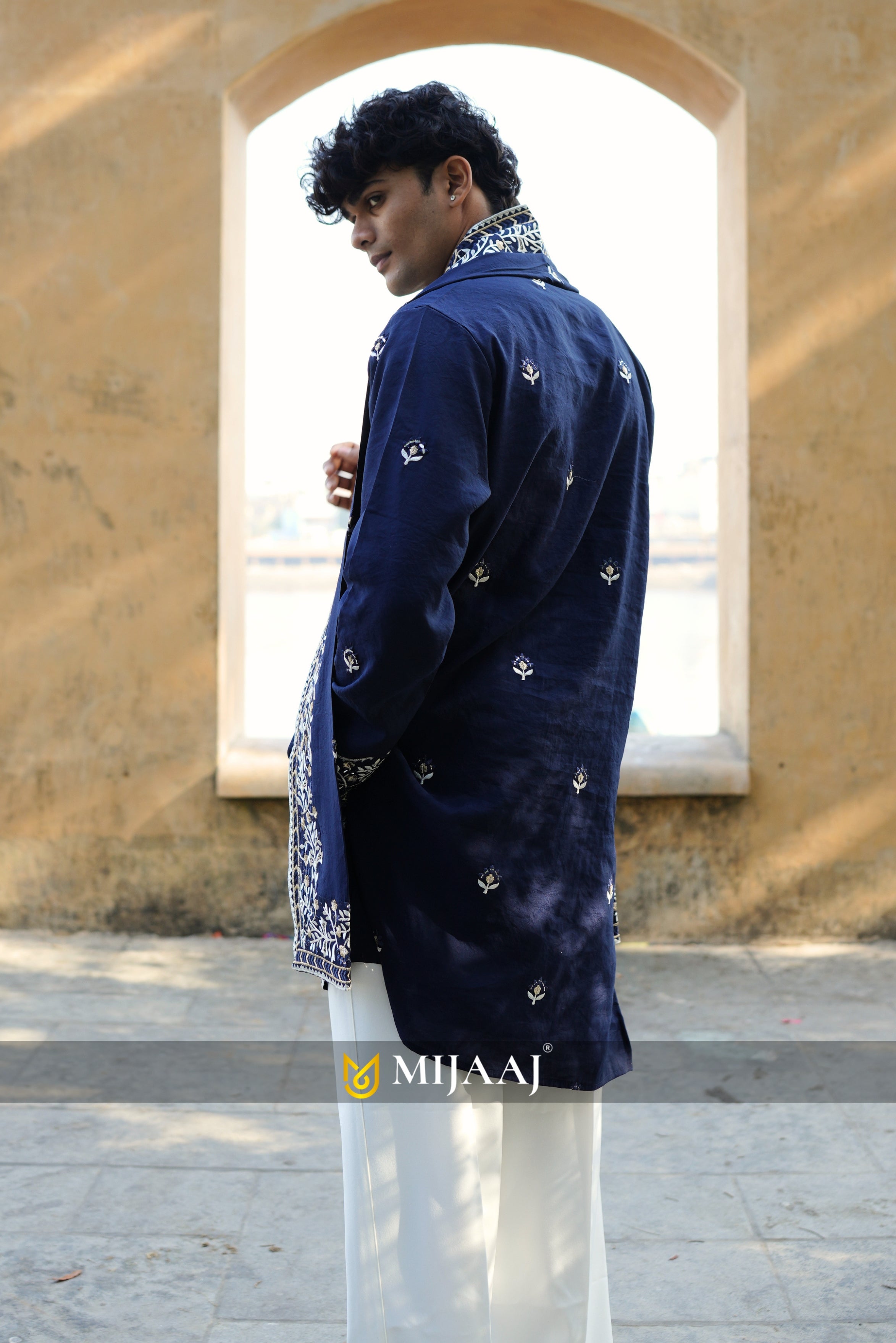 Navy blue mirror work short kurta for men with dupatta and Premium Korean Pant
