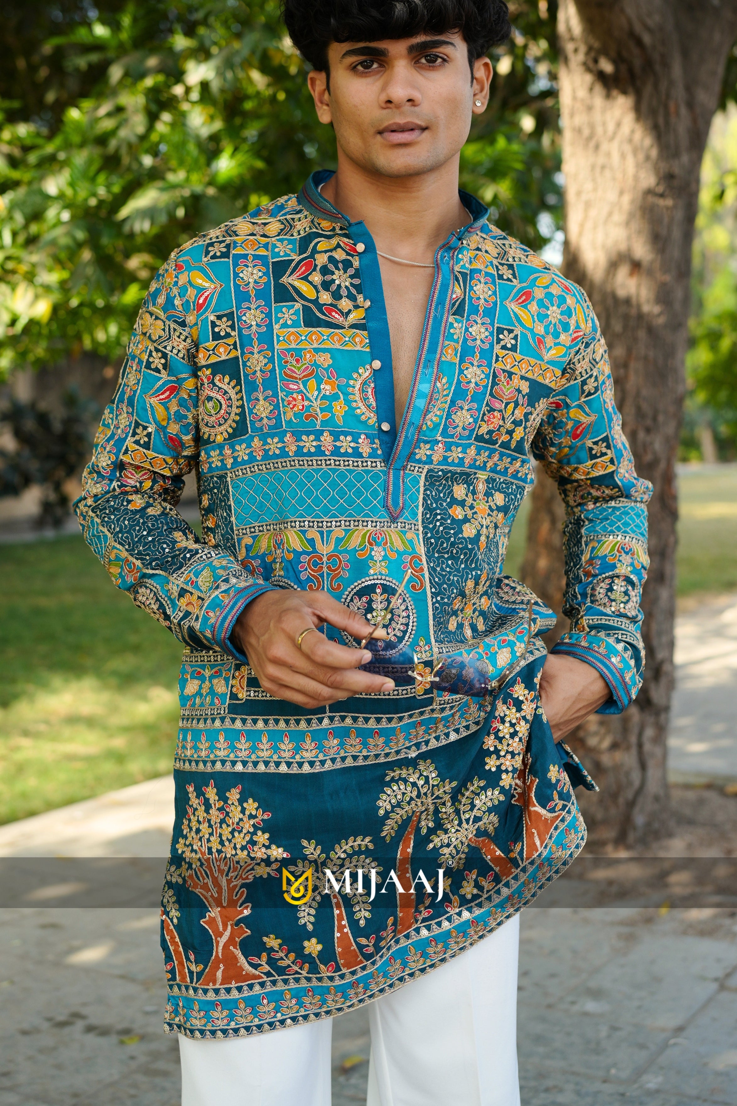 Rama color Embroidered short kurta with Premium Korean pant