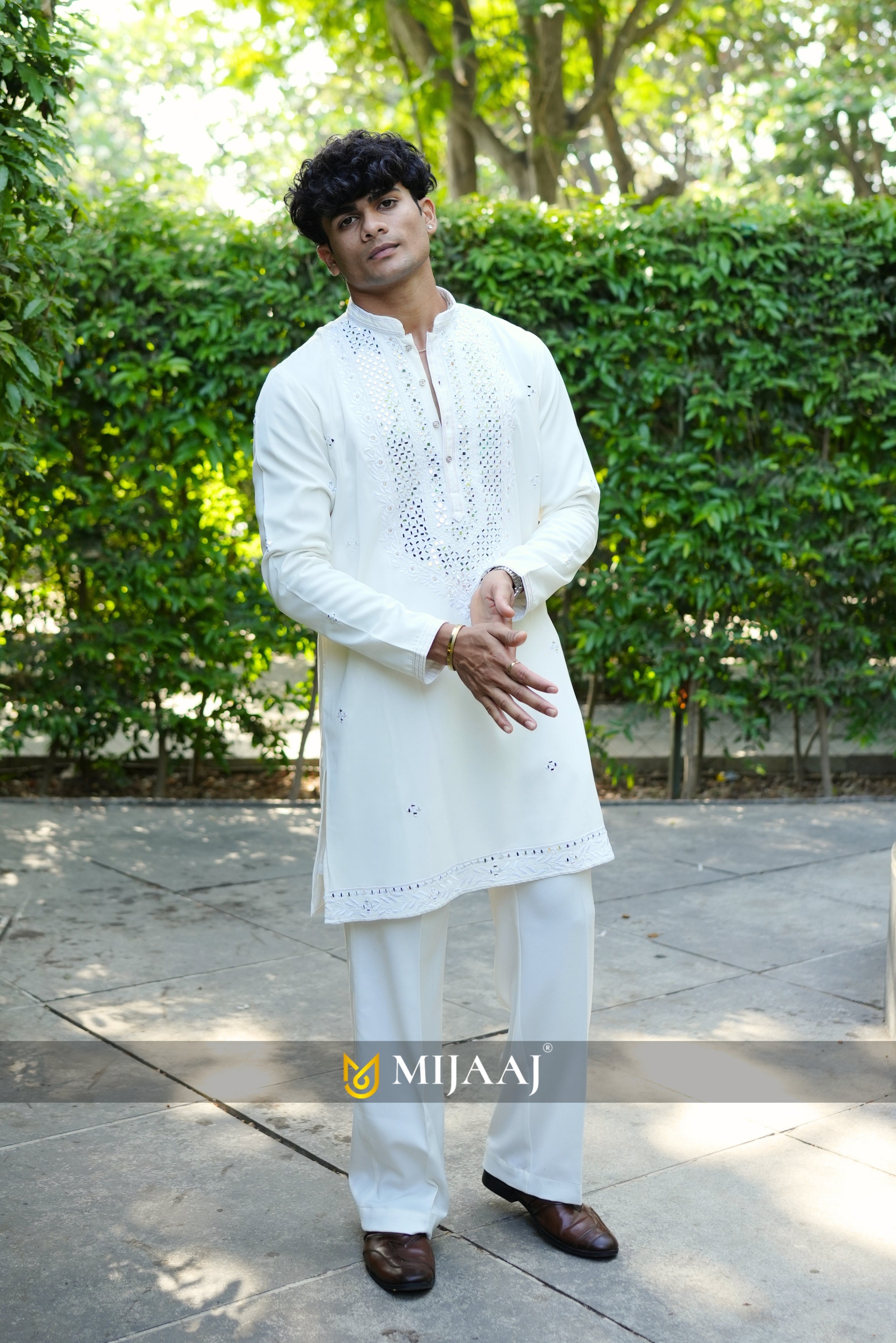 Cream Mirror Work Short Kurta For Men With Premium Korean Pants