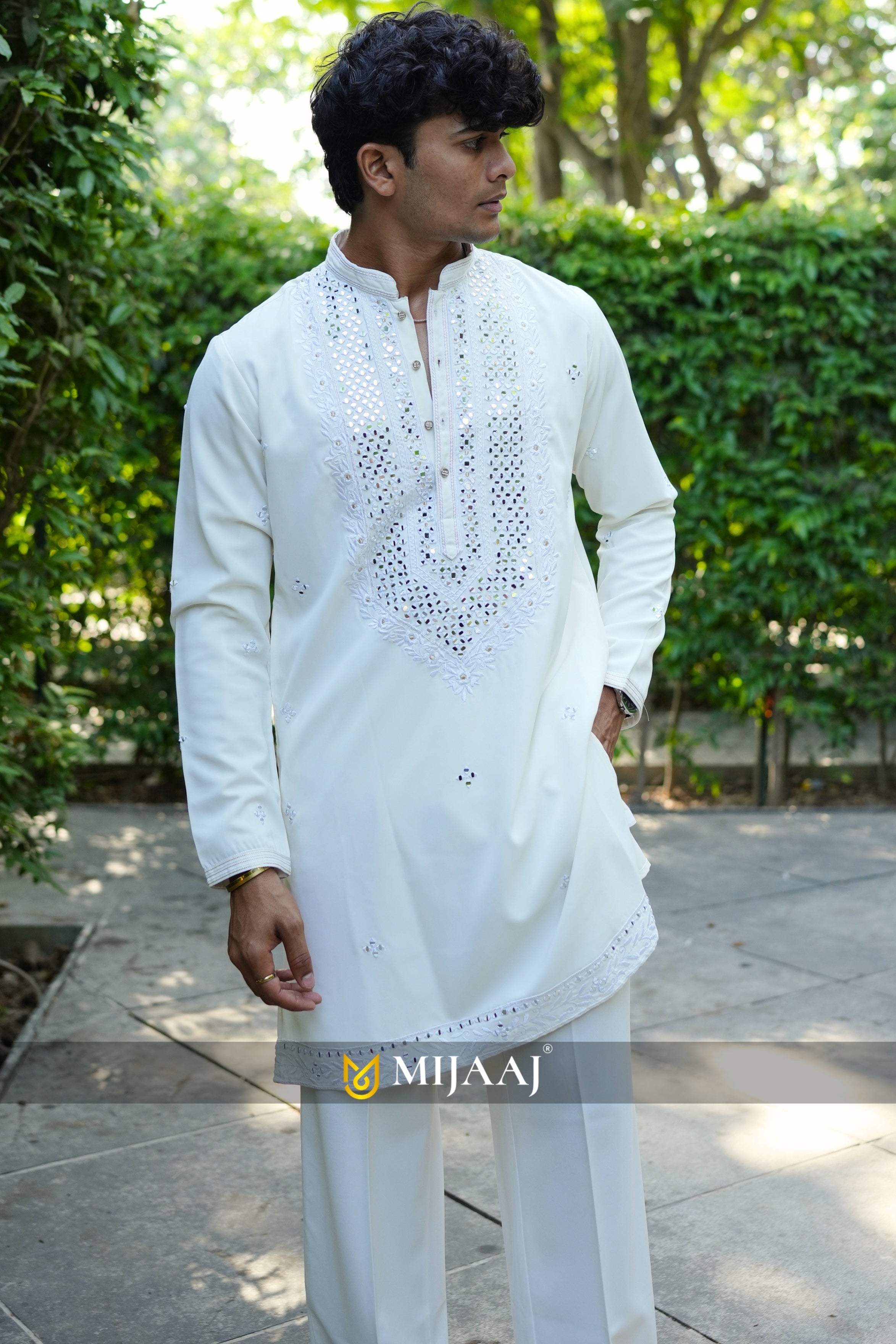 Cream Mirror Work Short Kurta For Men With Premium Korean Pants