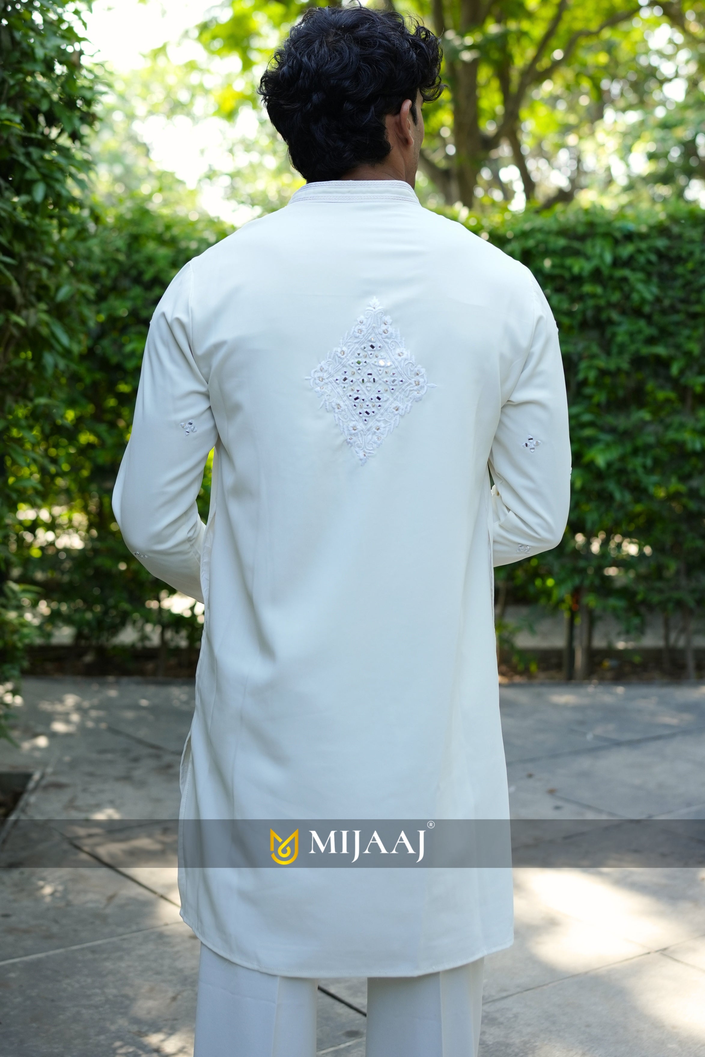 Cream Mirror Work Short Kurta For Men With Premium Korean Pants