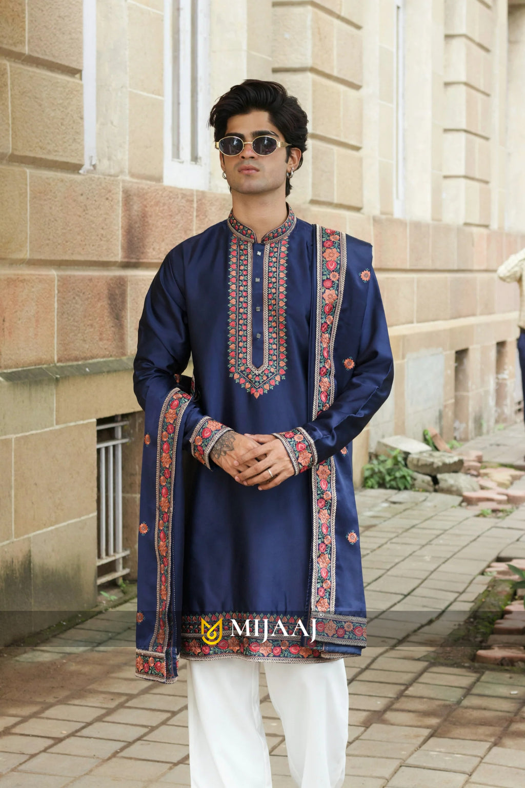 Men’s Navy Blue Satin Silk Kurta Set with Dupatta