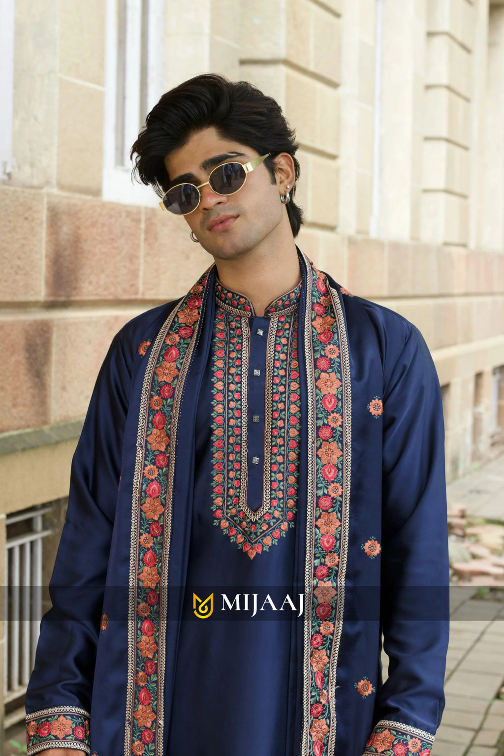 Men’s Navy Blue Satin Silk Kurta Set with Dupatta