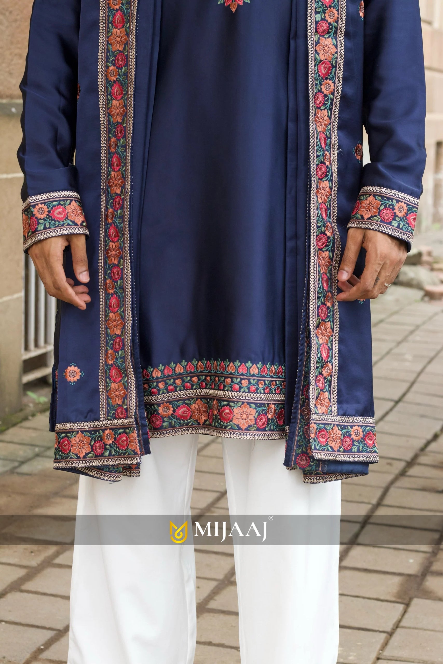 Men’s Navy Blue Satin Silk Kurta Set with Dupatta