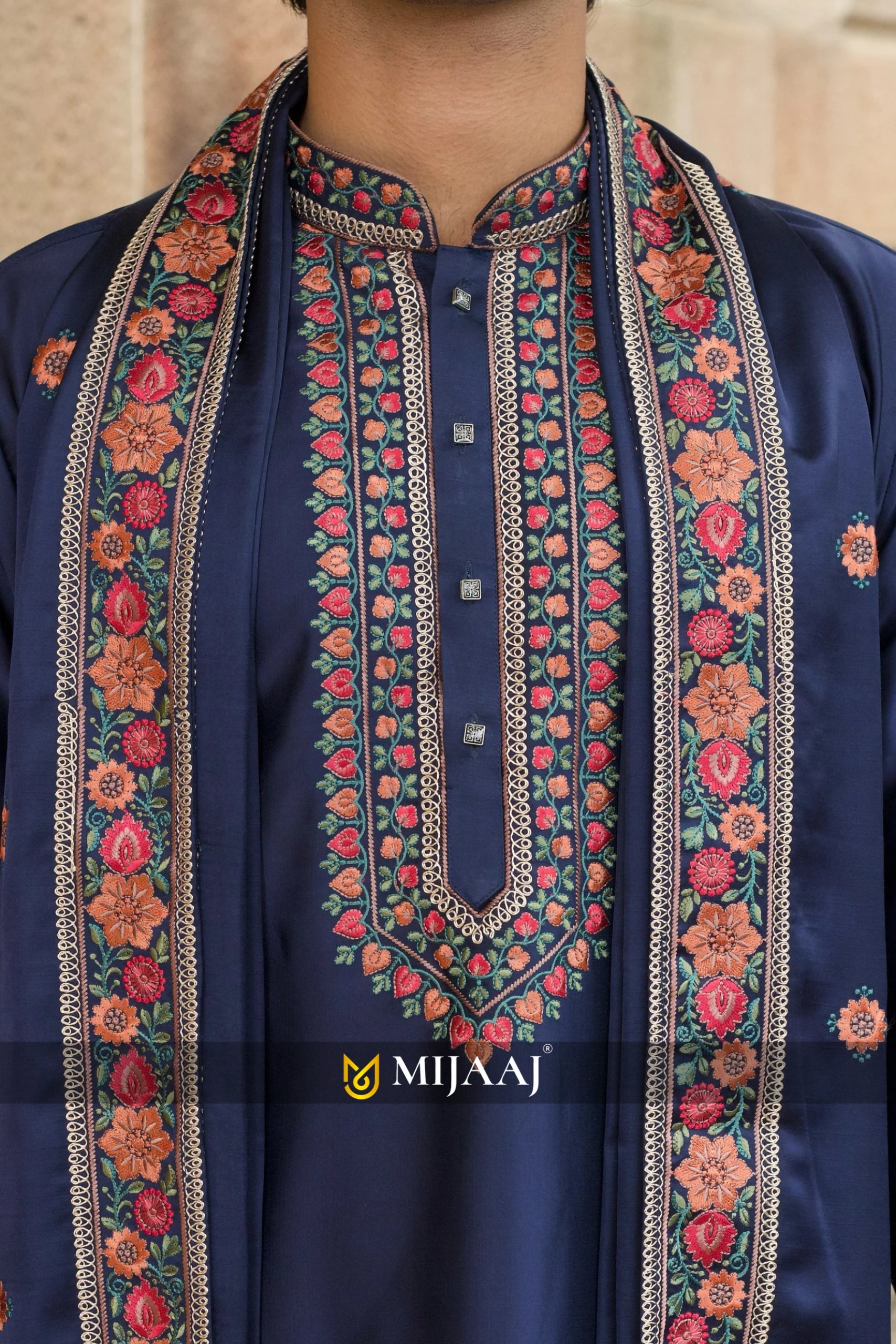 Men’s Navy Blue Satin Silk Kurta Set with Dupatta