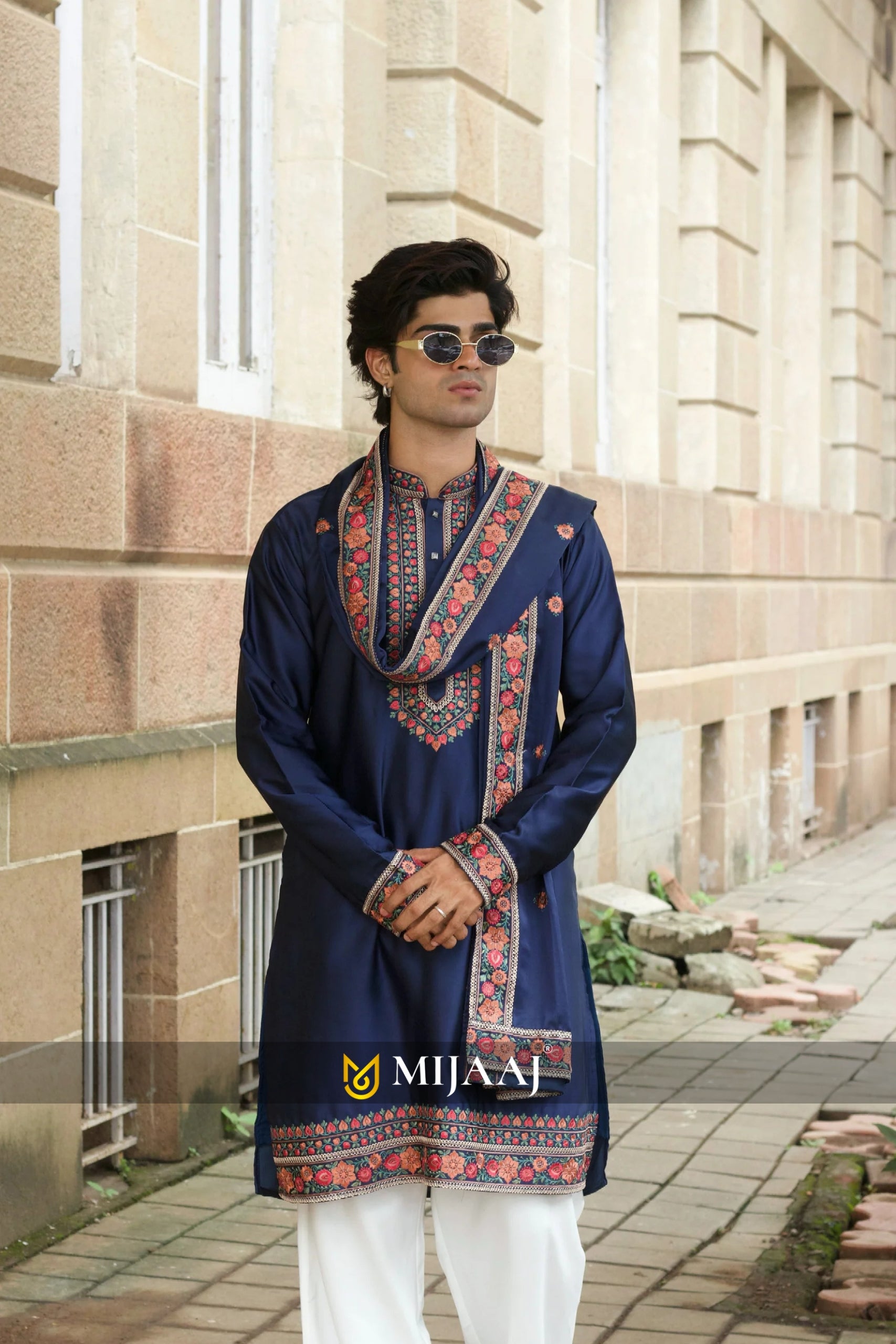 Men’s Navy Blue Satin Silk Kurta Set with Dupatta