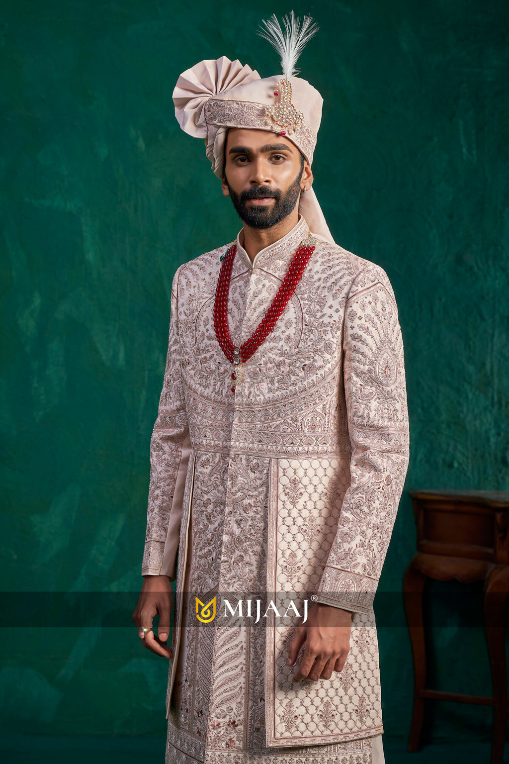 2026 Latest Rose Gold Dulha/Groom Sherwani That Complements Red & Maroon Bridal Lehenga