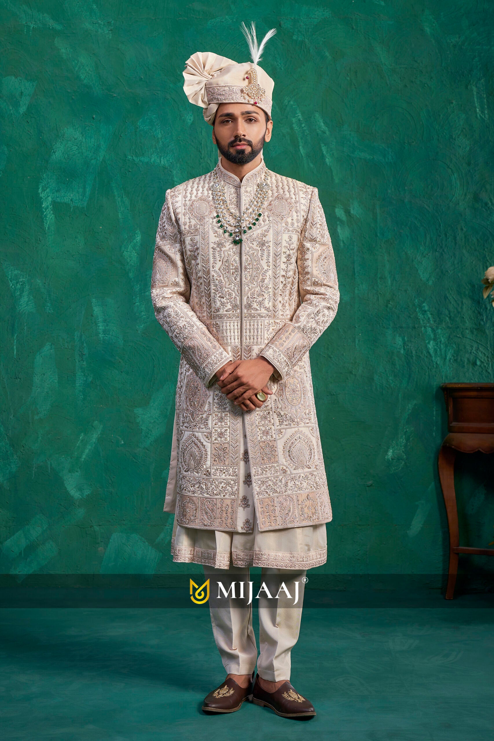 2026 Trendsetting Rustic Gold Groom Sherwani – Designed to Match Red & Maroon Bridal Lehenga