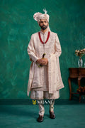 2026 Latest Rose Gold Dulha/Groom Sherwani That Complements Red & Maroon Bridal Lehenga