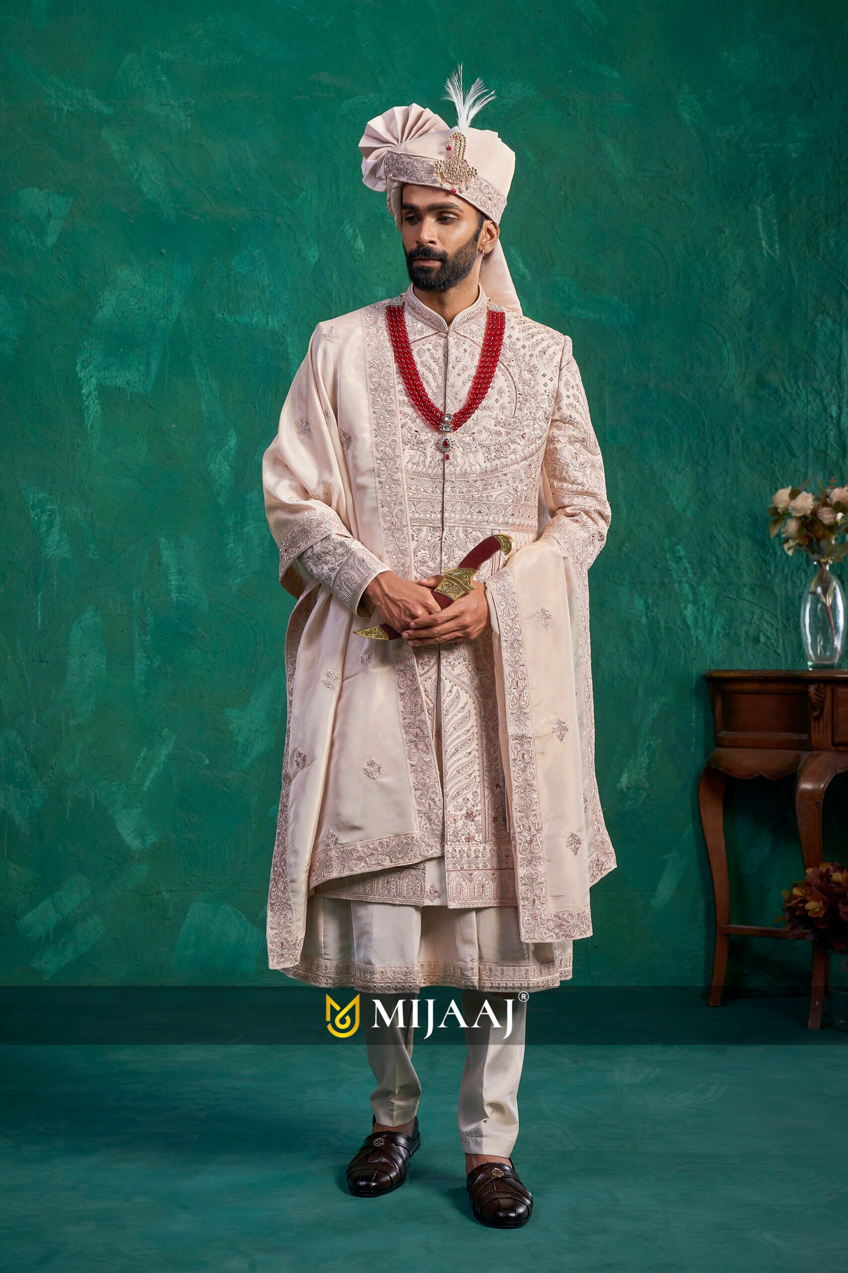2026 Latest Rose Gold Dulha/Groom Sherwani That Complements Red & Maroon Bridal Lehenga