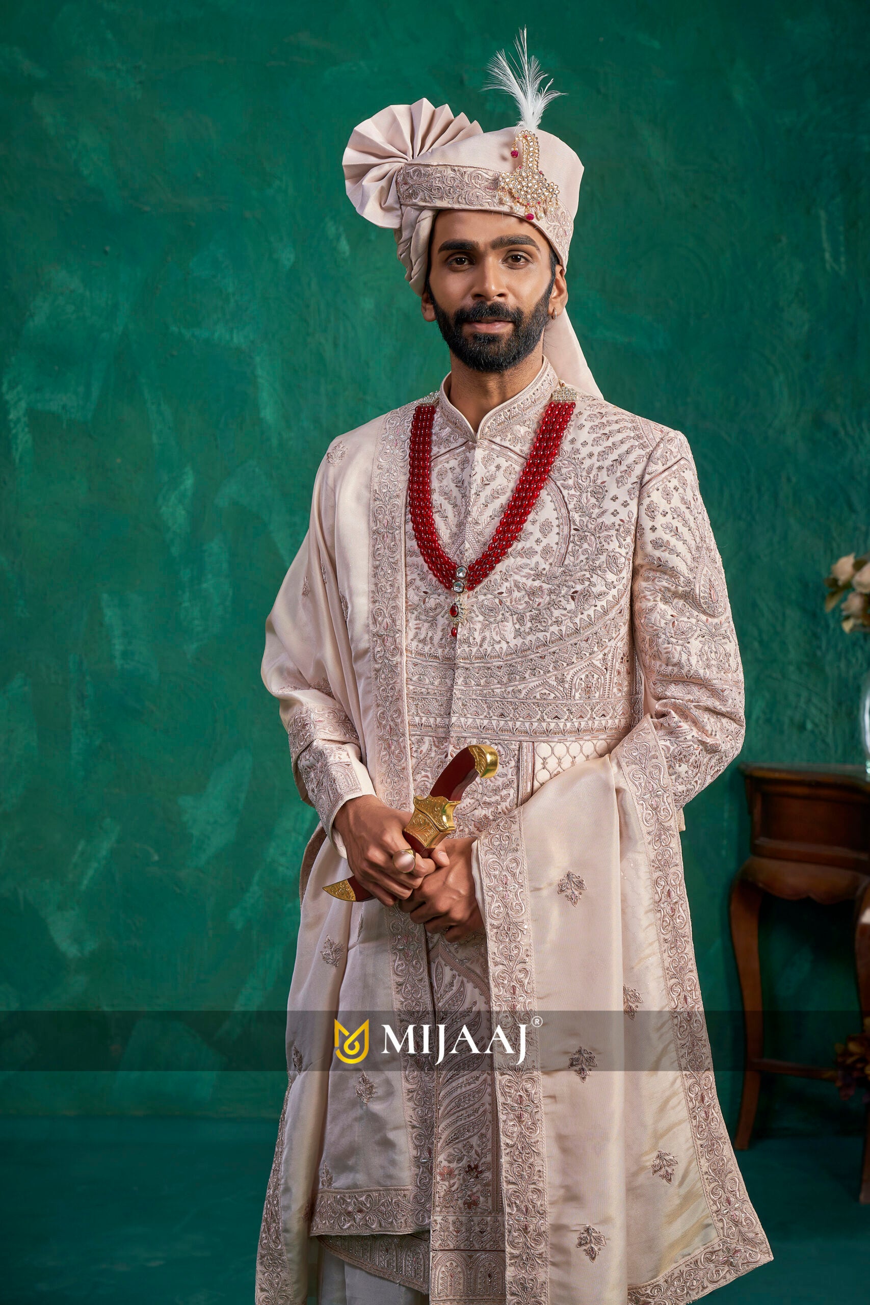 2026 Latest Rose Gold Dulha/Groom Sherwani That Complements Red & Maroon Bridal Lehenga