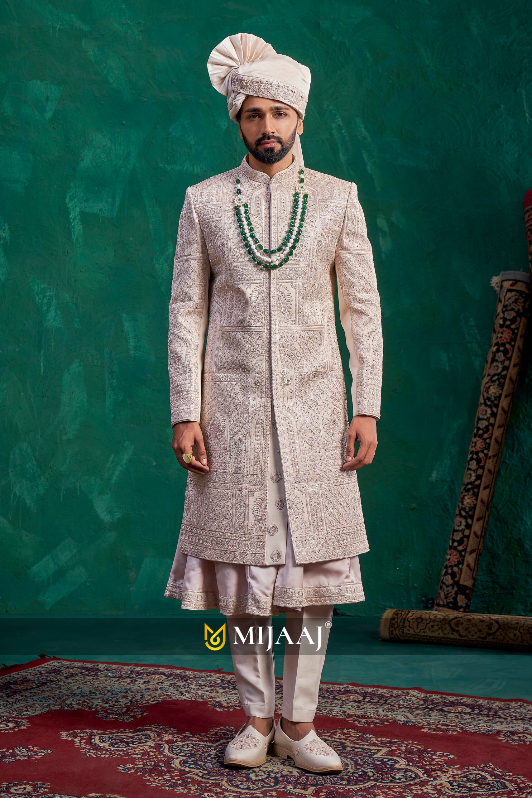 Elegant Fawn–Rose Gold–Beige latest Groom Sherwani 2026 – Ideal Pairing with Red/Maroon Bridal Lehenga