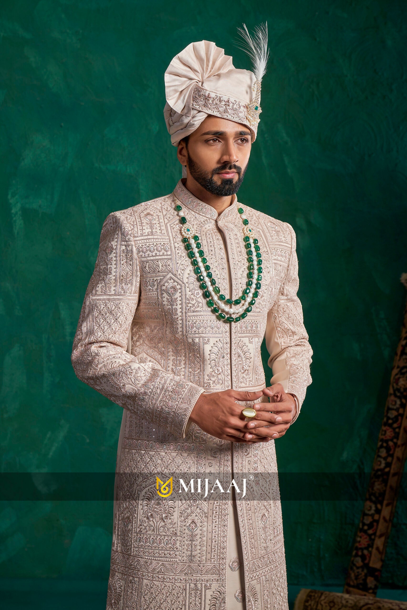 Elegant Fawn–Rose Gold–Beige latest Groom Sherwani 2026 – Ideal Pairing with Red/Maroon Bridal Lehenga
