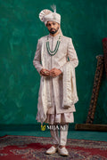 Elegant Fawn–Rose Gold–Beige latest Groom Sherwani 2026 – Ideal Pairing with Red/Maroon Bridal Lehenga