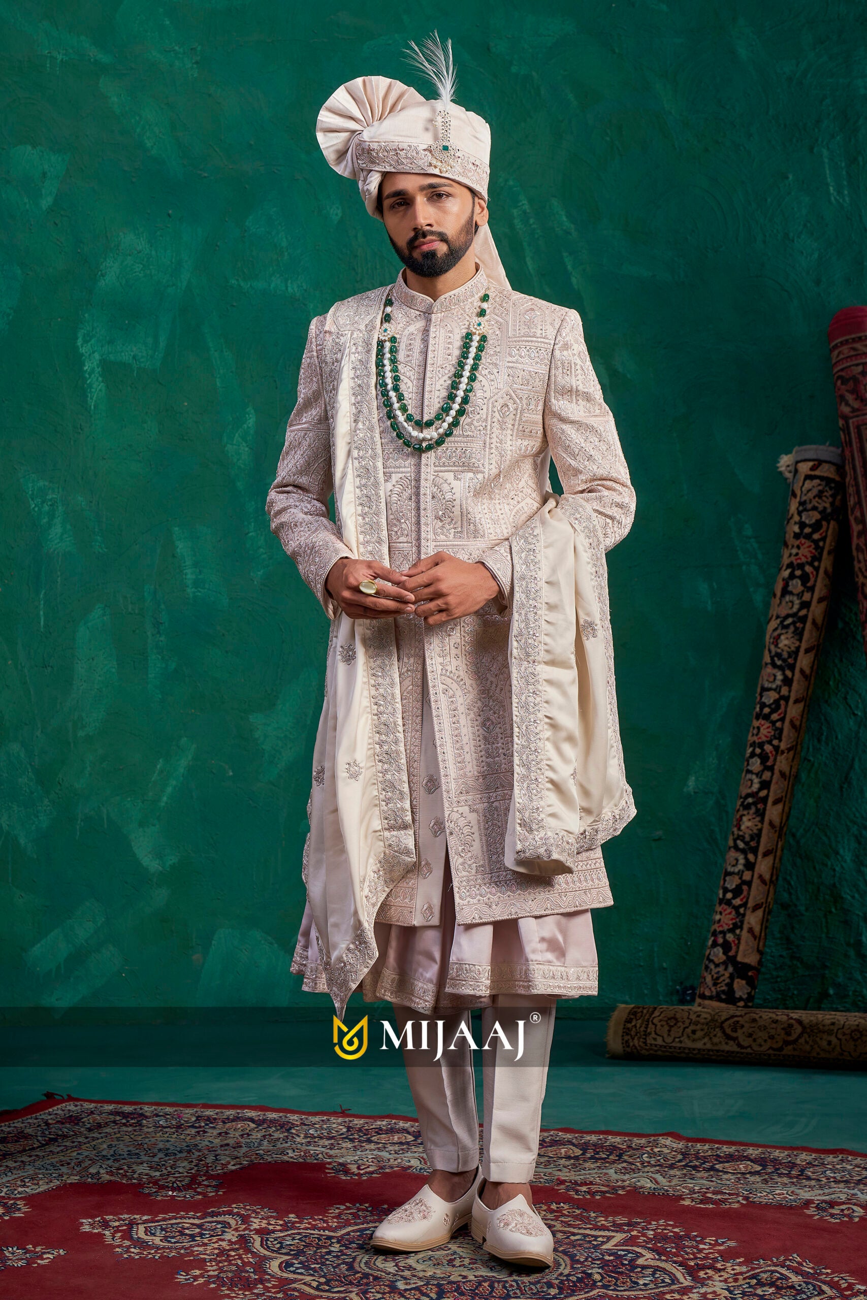 Elegant Fawn–Rose Gold–Beige latest Groom Sherwani 2026 – Ideal Pairing with Red/Maroon Bridal Lehenga