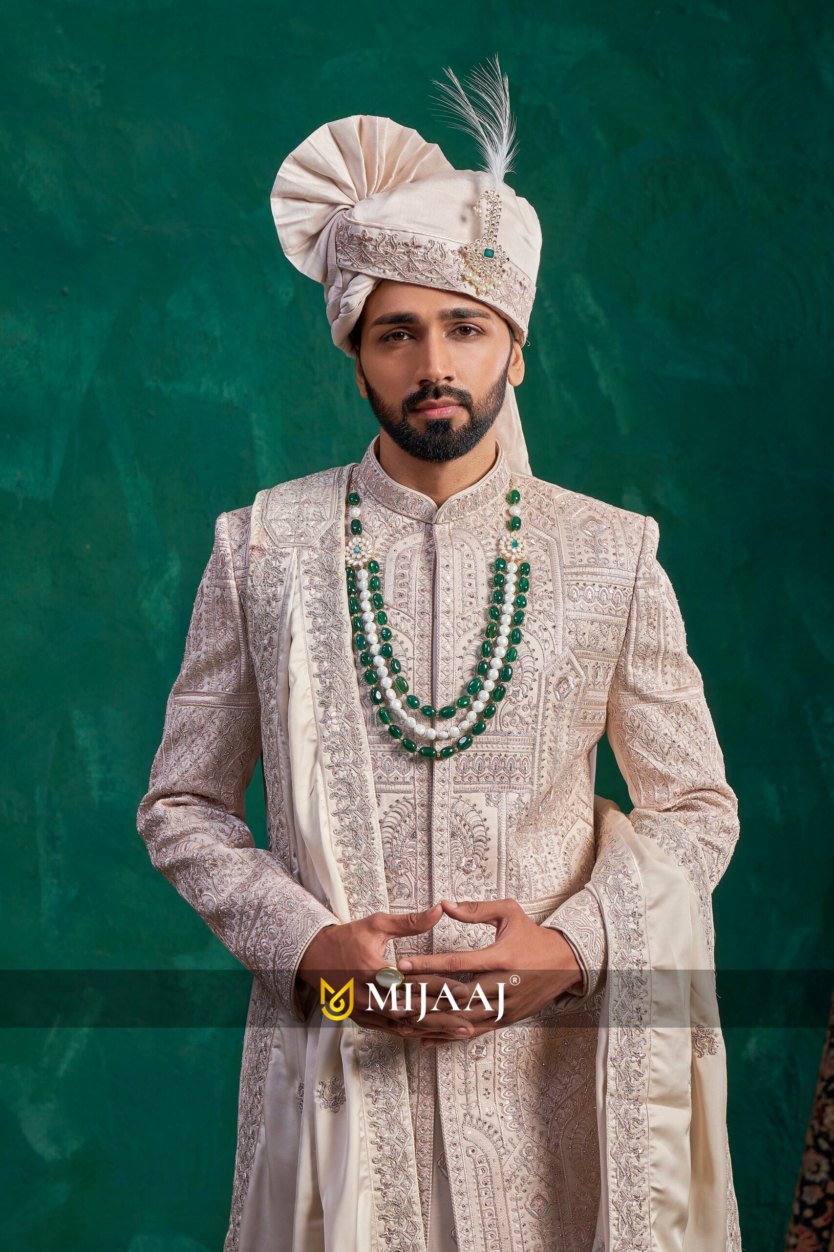 Elegant Fawn–Rose Gold–Beige latest Groom Sherwani 2026 – Ideal Pairing with Red/Maroon Bridal Lehenga