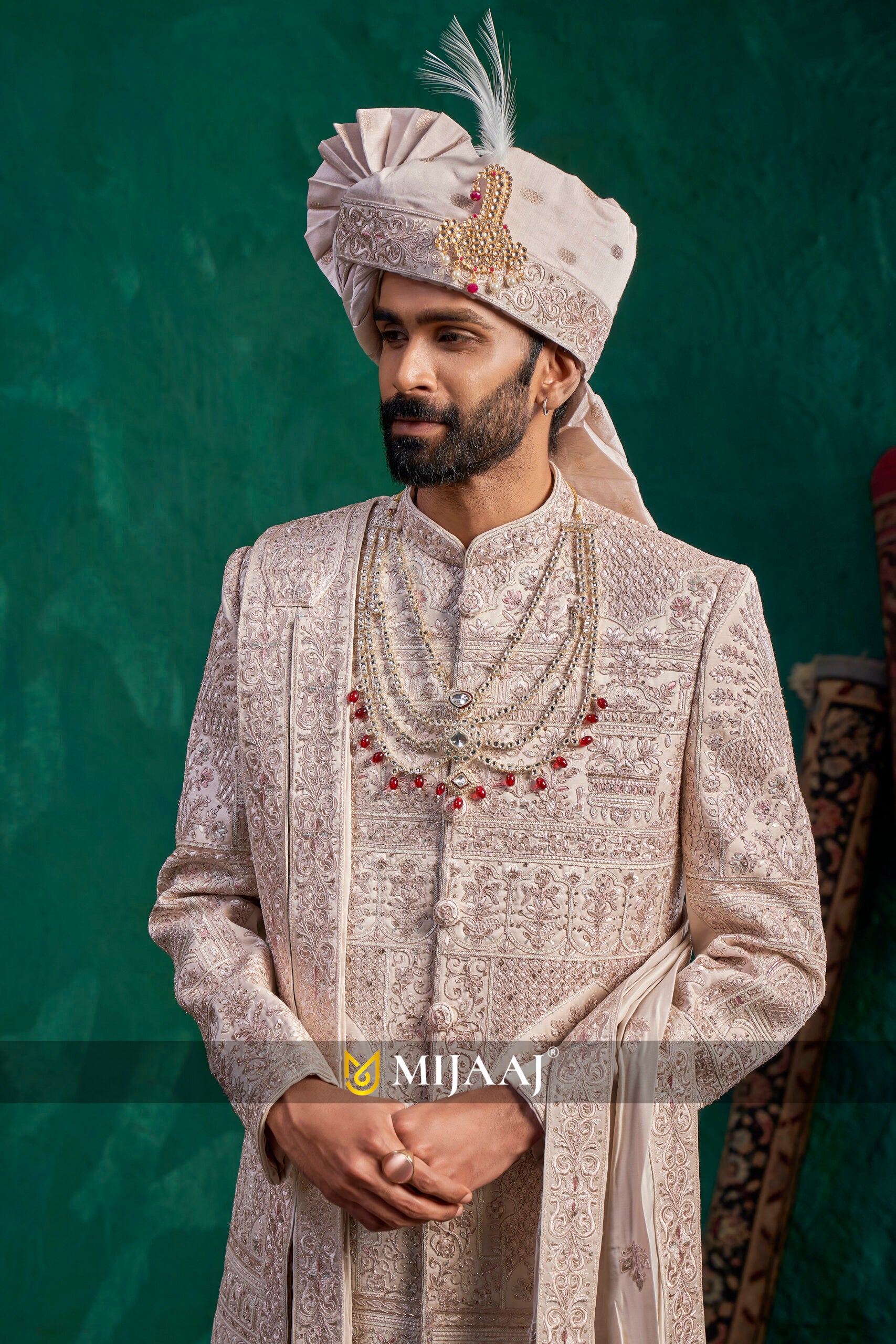 Rose Gold Sherwani – Perfect Coordination with Red, Maroon & Pastel Color Bridal Lehenga