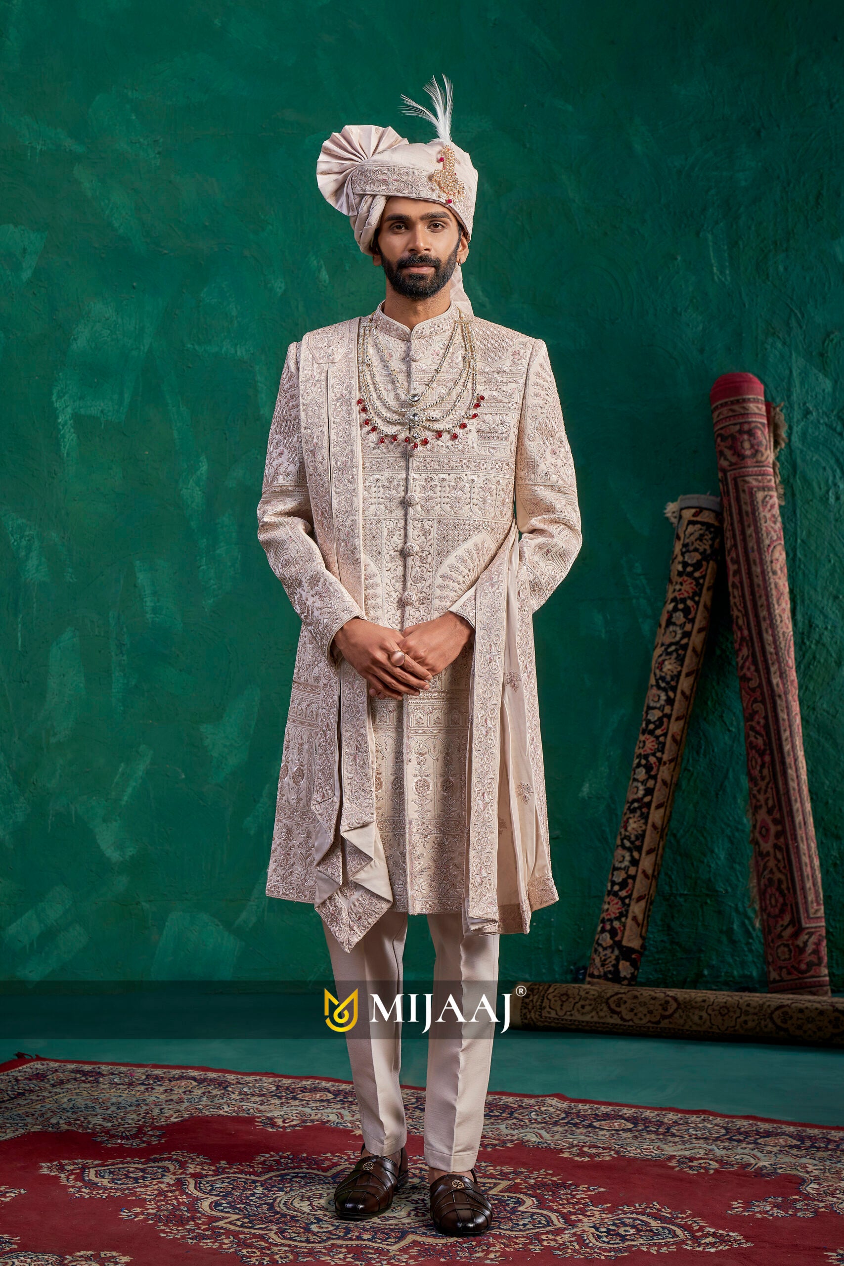 Rose Gold Sherwani – Perfect Coordination with Red, Maroon & Pastel Color Bridal Lehenga