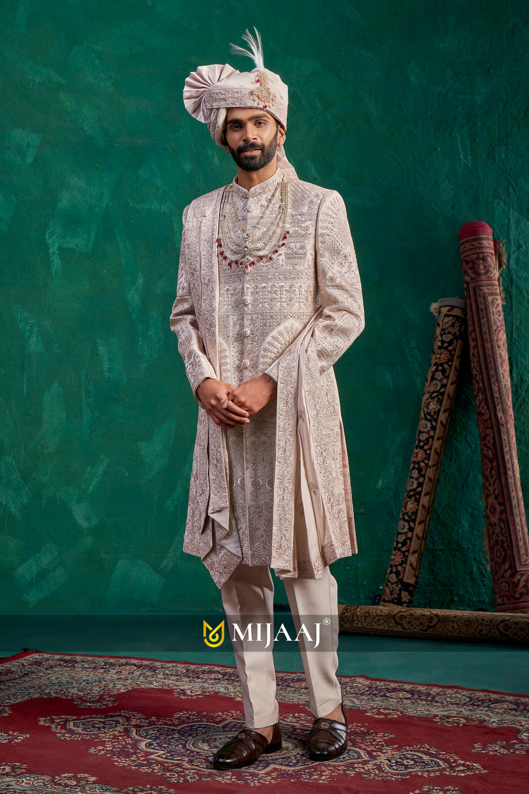 Rose Gold Sherwani – Perfect Coordination with Red, Maroon & Pastel Color Bridal Lehenga