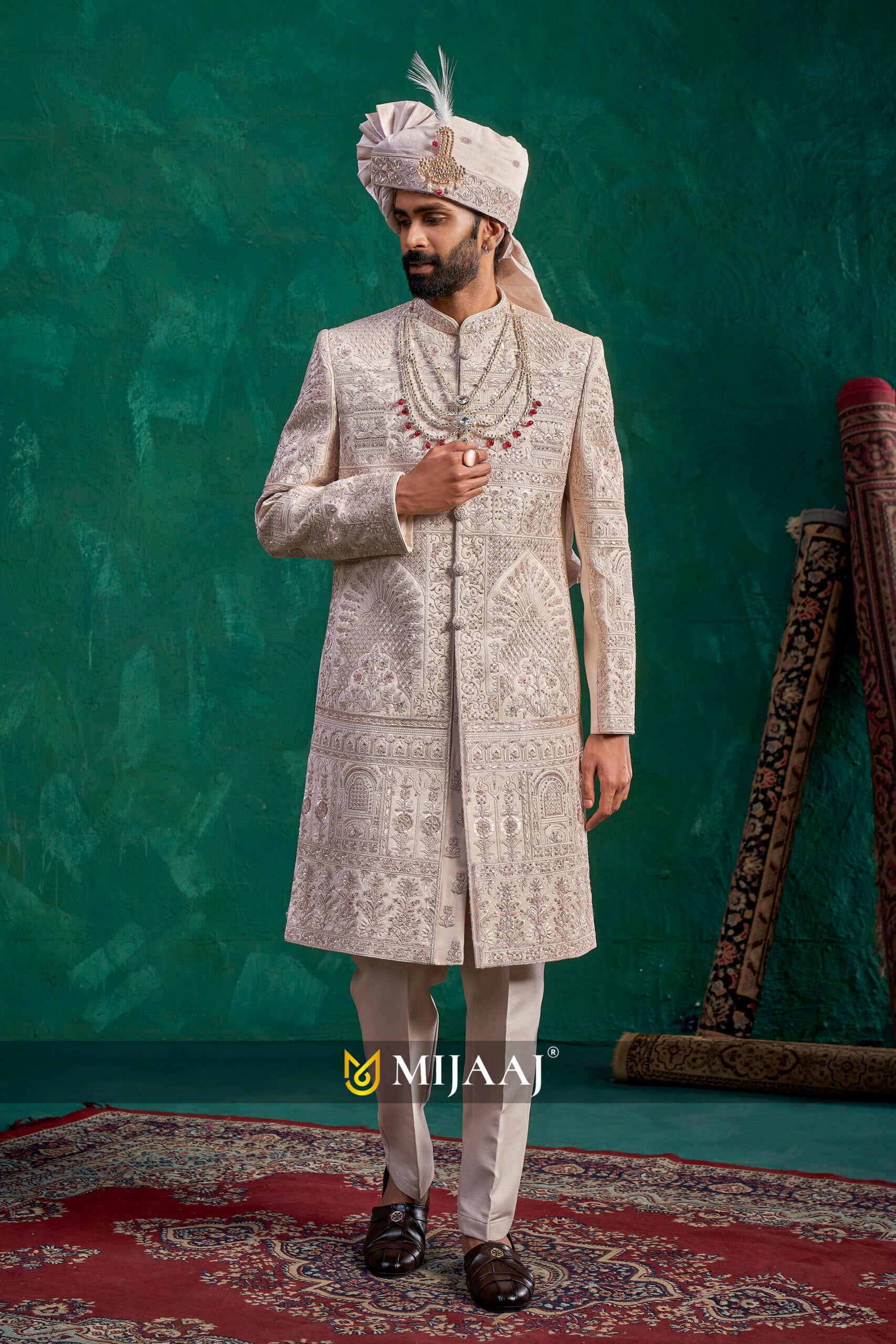 Rose Gold Sherwani – Perfect Coordination with Red, Maroon & Pastel Color Bridal Lehenga