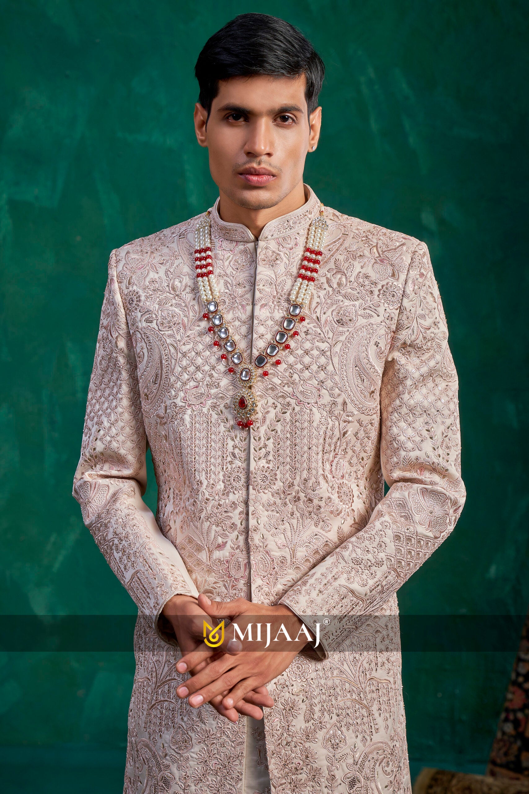 Water Peach / Rose Gold Groom Sherwani – Perfect Match for Red/Maroon & Pastel Bridal Lehenga