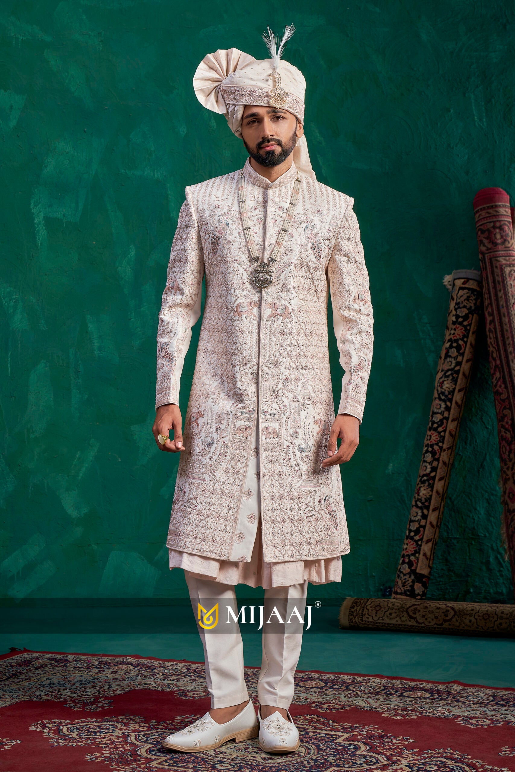 Champagne Peacock Motif Majestic Sherwani