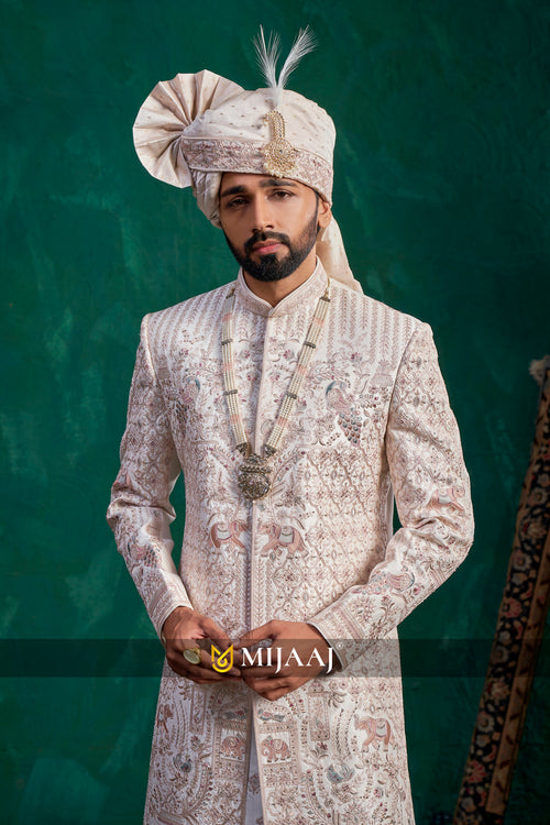 Champagne Peacock Motif Majestic Sherwani