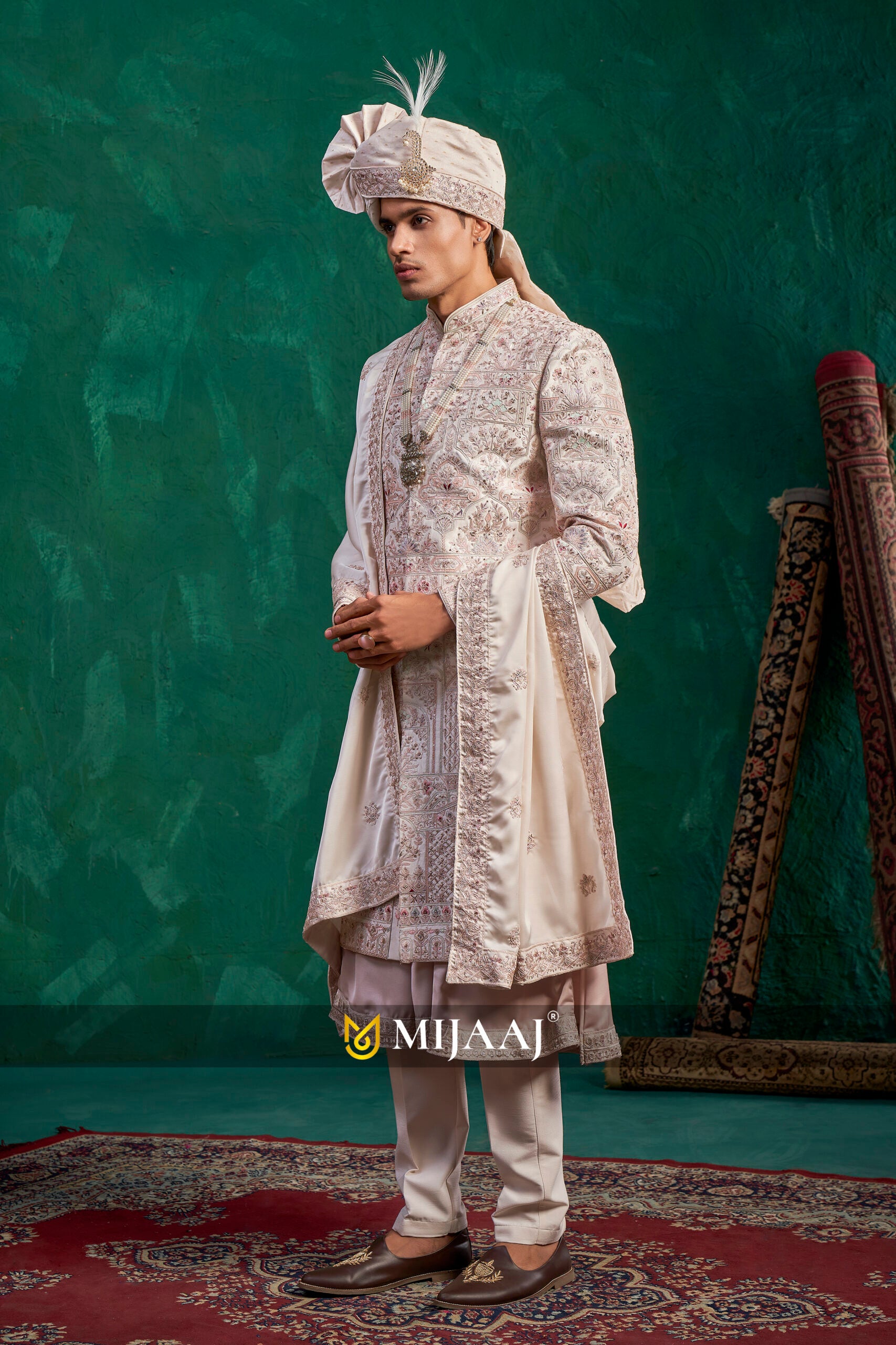 Pearl White Handcrafted Heritage Sherwani for Groom